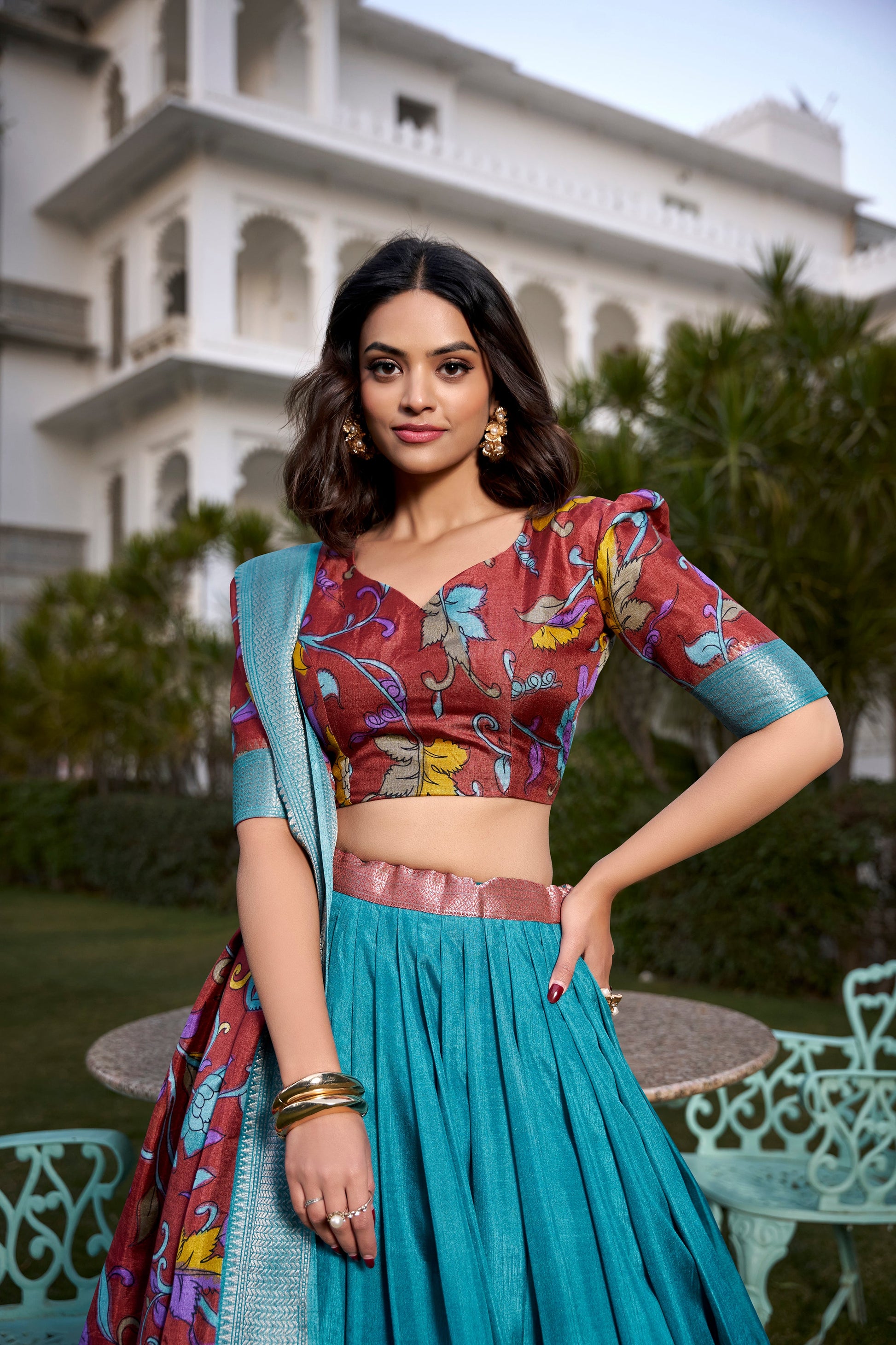 Lorenvalley Firozi Dola Silk with Jacquard Printed (Kalamkari) with Zari Weaving Border Lehenga Choli | Swadesiicart