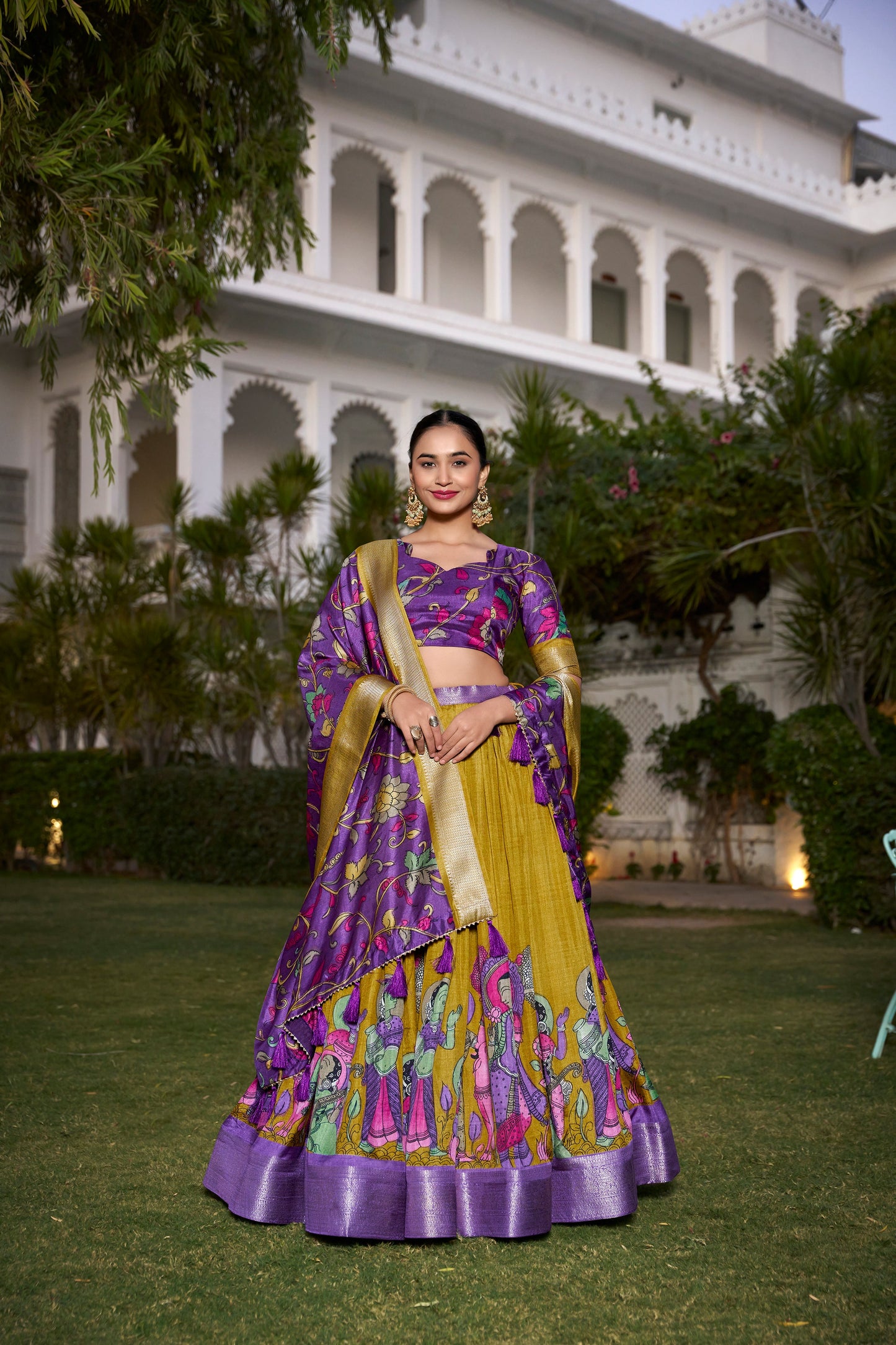 Lorenvalley Mustard Dola Silk with Jacquard Printed (Kalamkari) with Zari Weaving Border Lehenga Choli | Swadesiicart