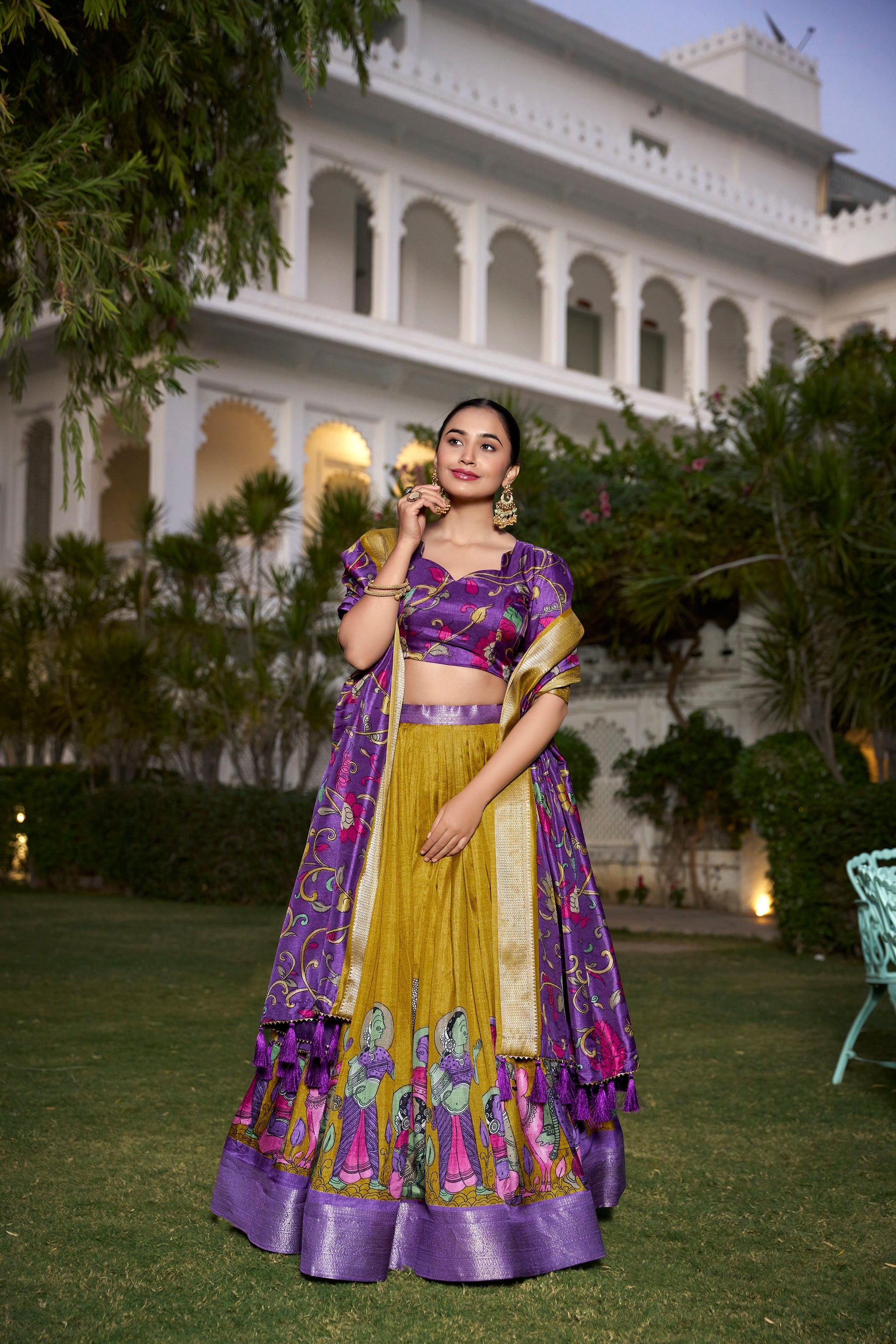 Lorenvalley Mustard Dola Silk with Jacquard Printed (Kalamkari) with Zari Weaving Border Lehenga Choli | Swadesiicart