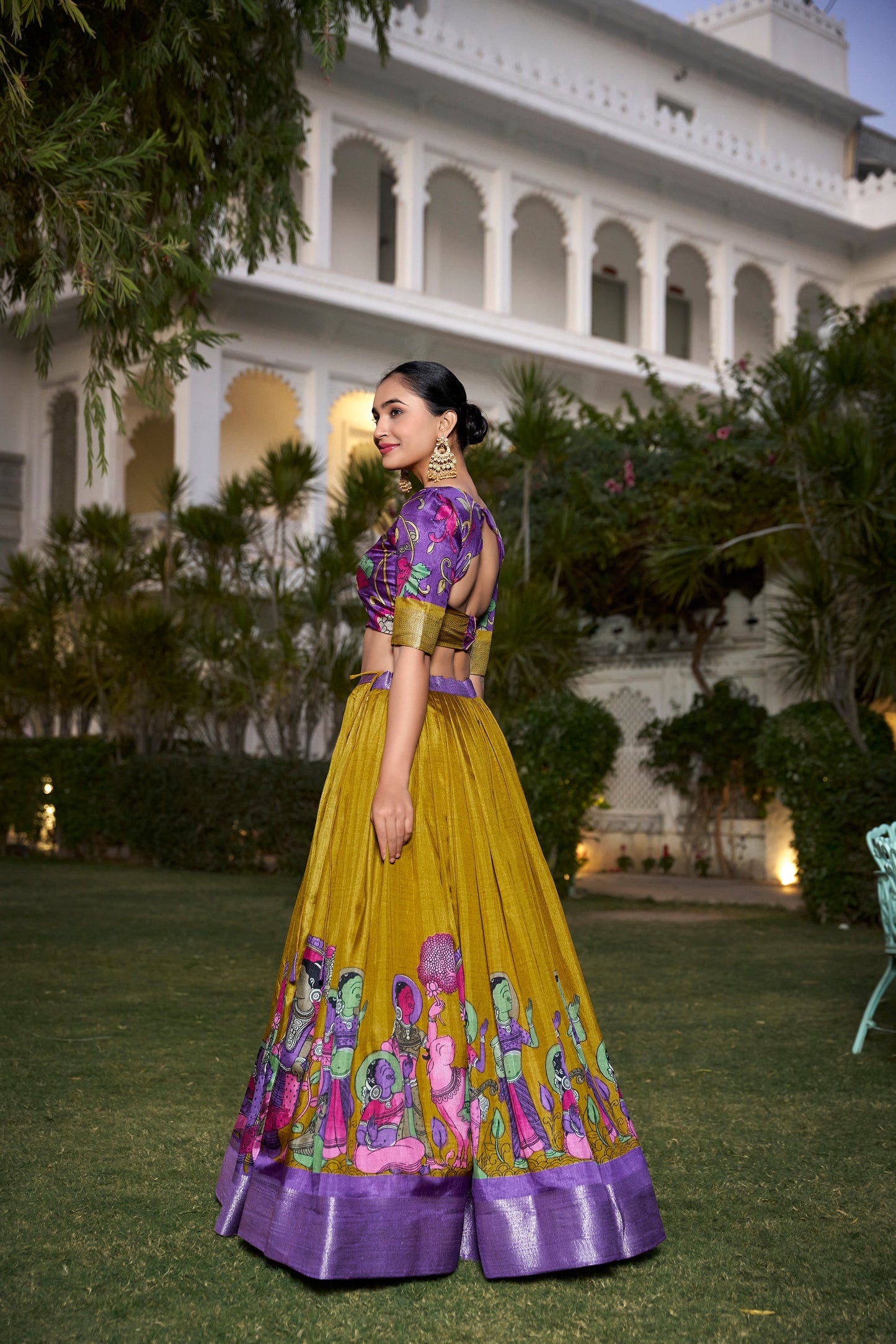 Lorenvalley Mustard Dola Silk with Jacquard Printed (Kalamkari) with Zari Weaving Border Lehenga Choli | Swadesiicart