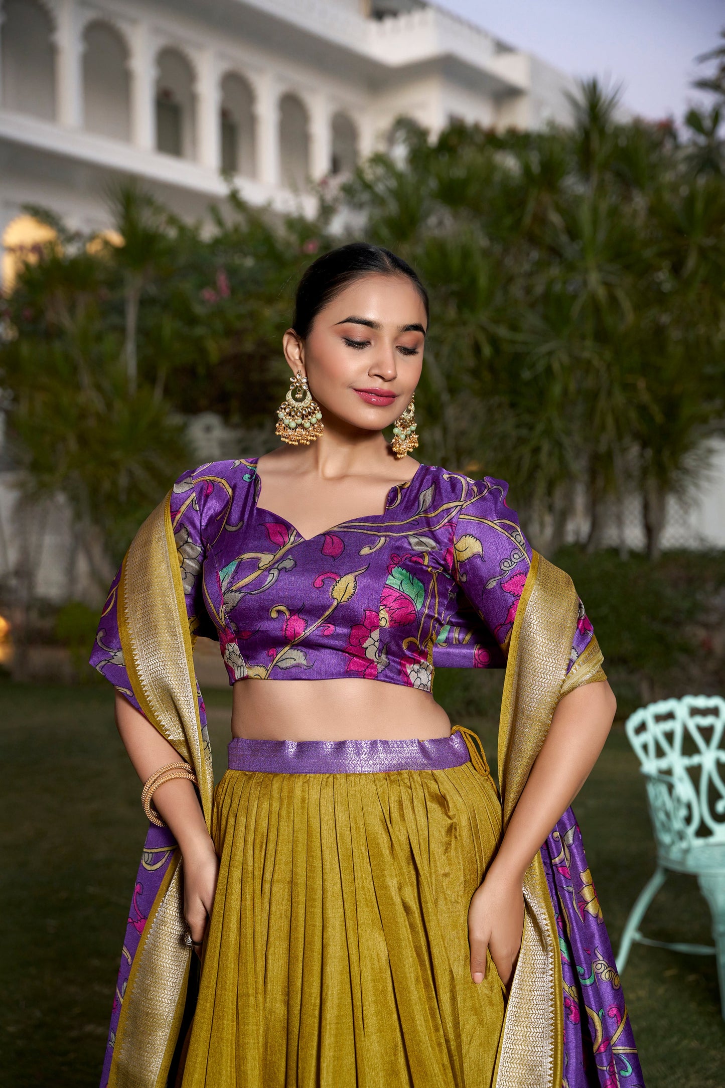 Lorenvalley Mustard Dola Silk with Jacquard Printed (Kalamkari) with Zari Weaving Border Lehenga Choli | Swadesiicart
