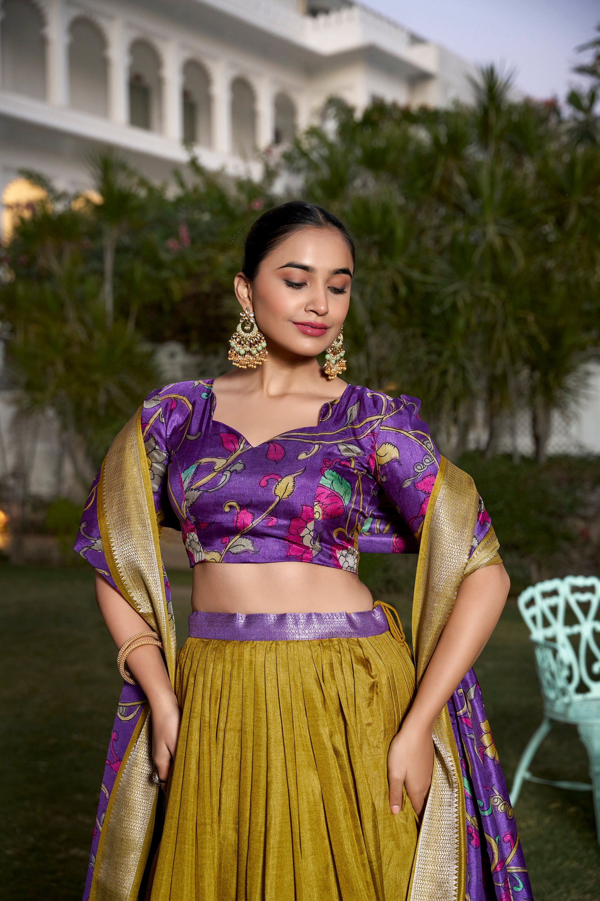 Lorenvalley Mustard Dola Silk with Jacquard Printed (Kalamkari) with Zari Weaving Border Lehenga Choli | Swadesiicart