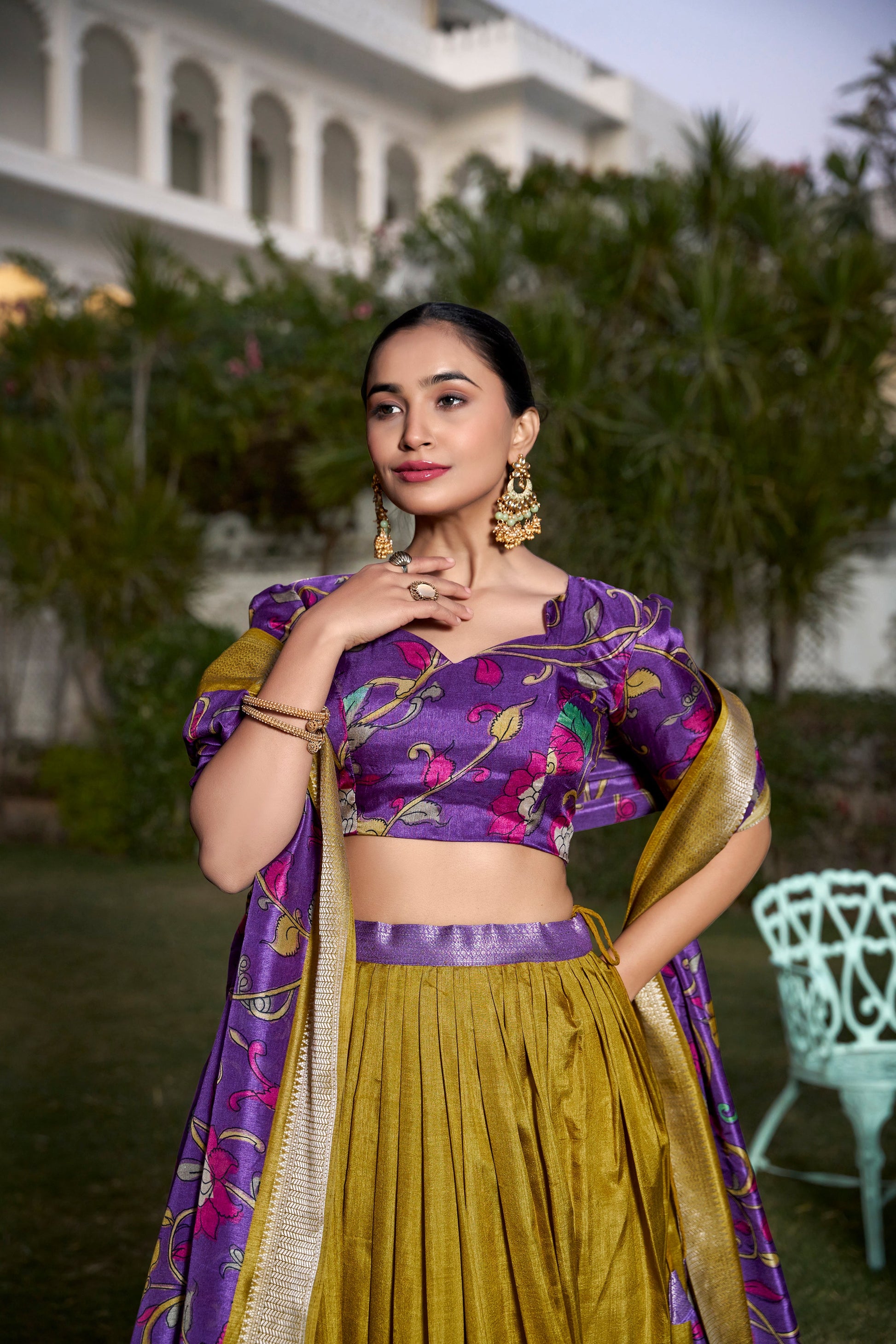 Lorenvalley Mustard Dola Silk with Jacquard Printed (Kalamkari) with Zari Weaving Border Lehenga Choli | Swadesiicart