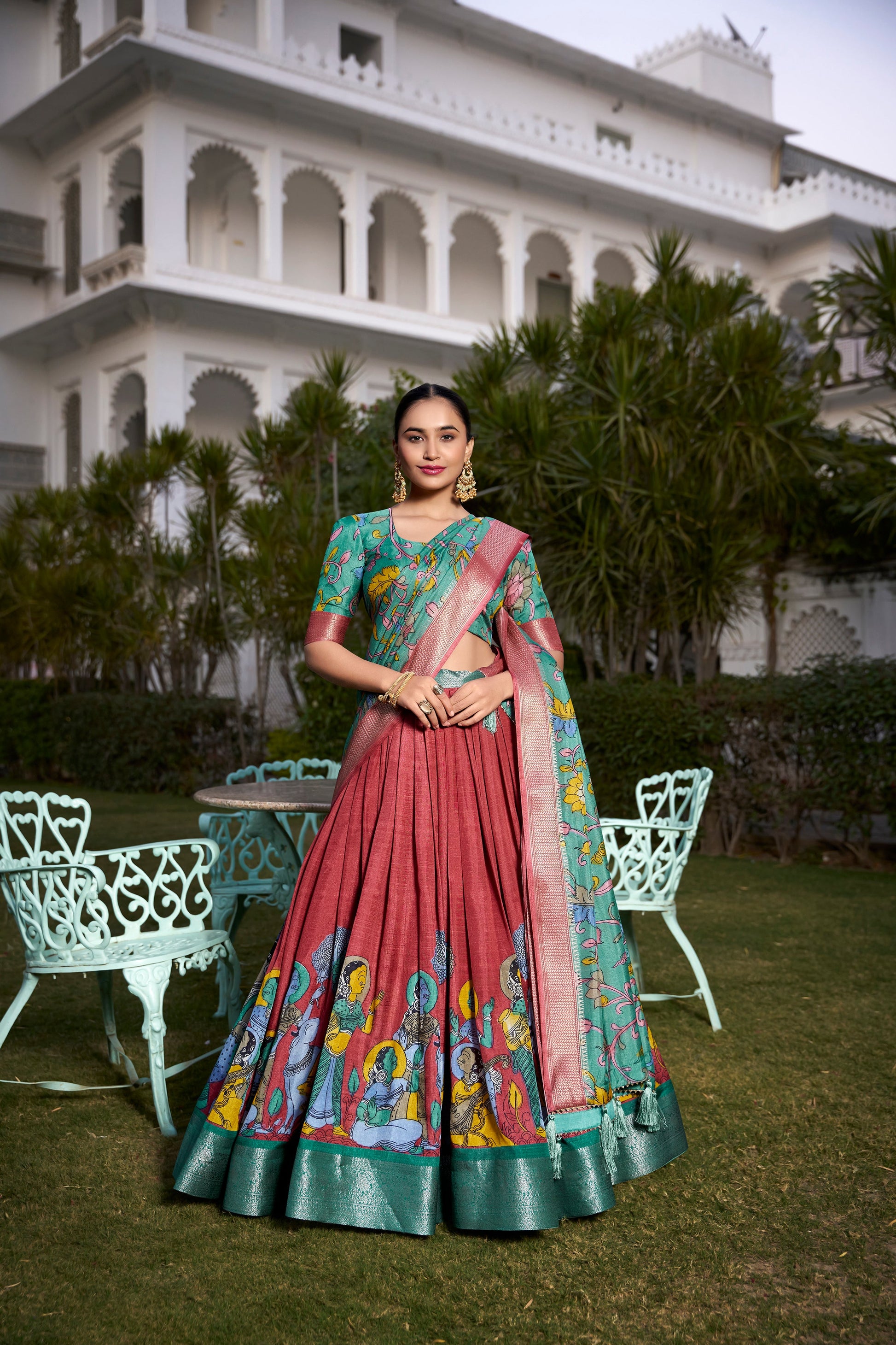 Lorenvalley Rust Dola Silk with Jacquard Printed (Kalamkari) with Zari Weaving Border Lehenga Choli | Swadesiicart
