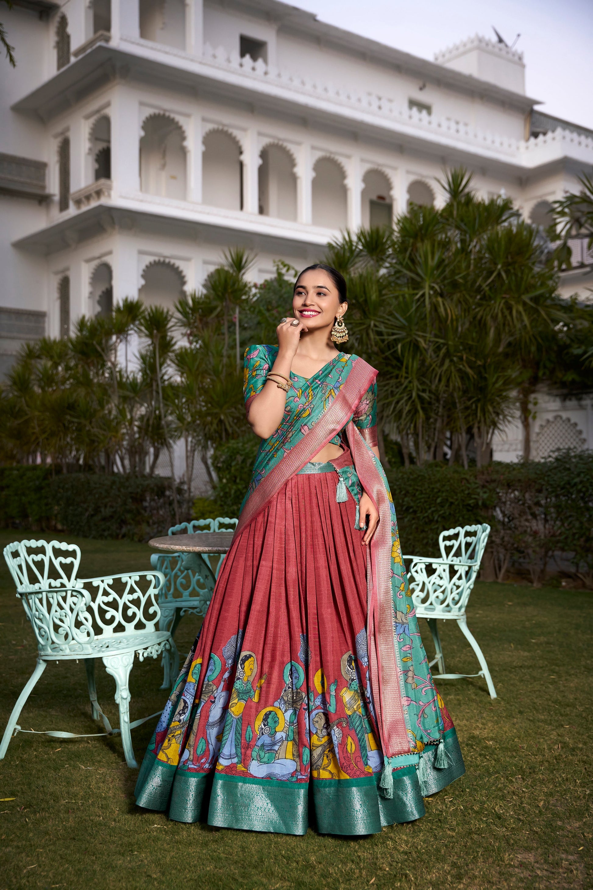 Lorenvalley Rust Dola Silk with Jacquard Printed (Kalamkari) with Zari Weaving Border Lehenga Choli | Swadesiicart