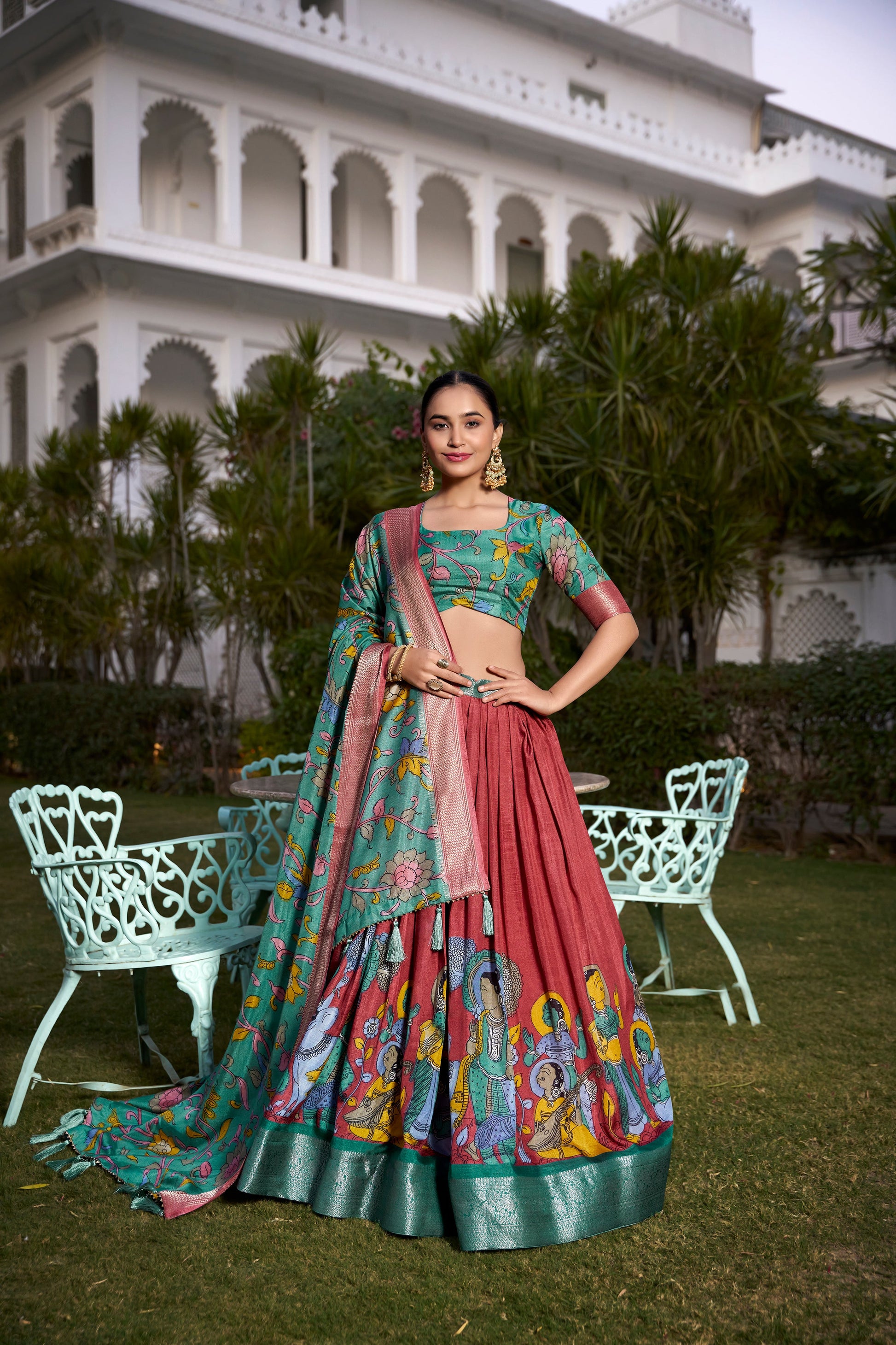 Lorenvalley Rust Dola Silk with Jacquard Printed (Kalamkari) with Zari Weaving Border Lehenga Choli | Swadesiicart