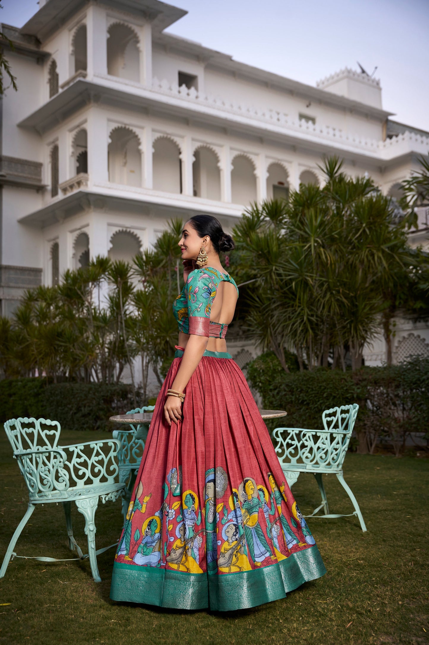Lorenvalley Rust Dola Silk with Jacquard Printed (Kalamkari) with Zari Weaving Border Lehenga Choli | Swadesiicart