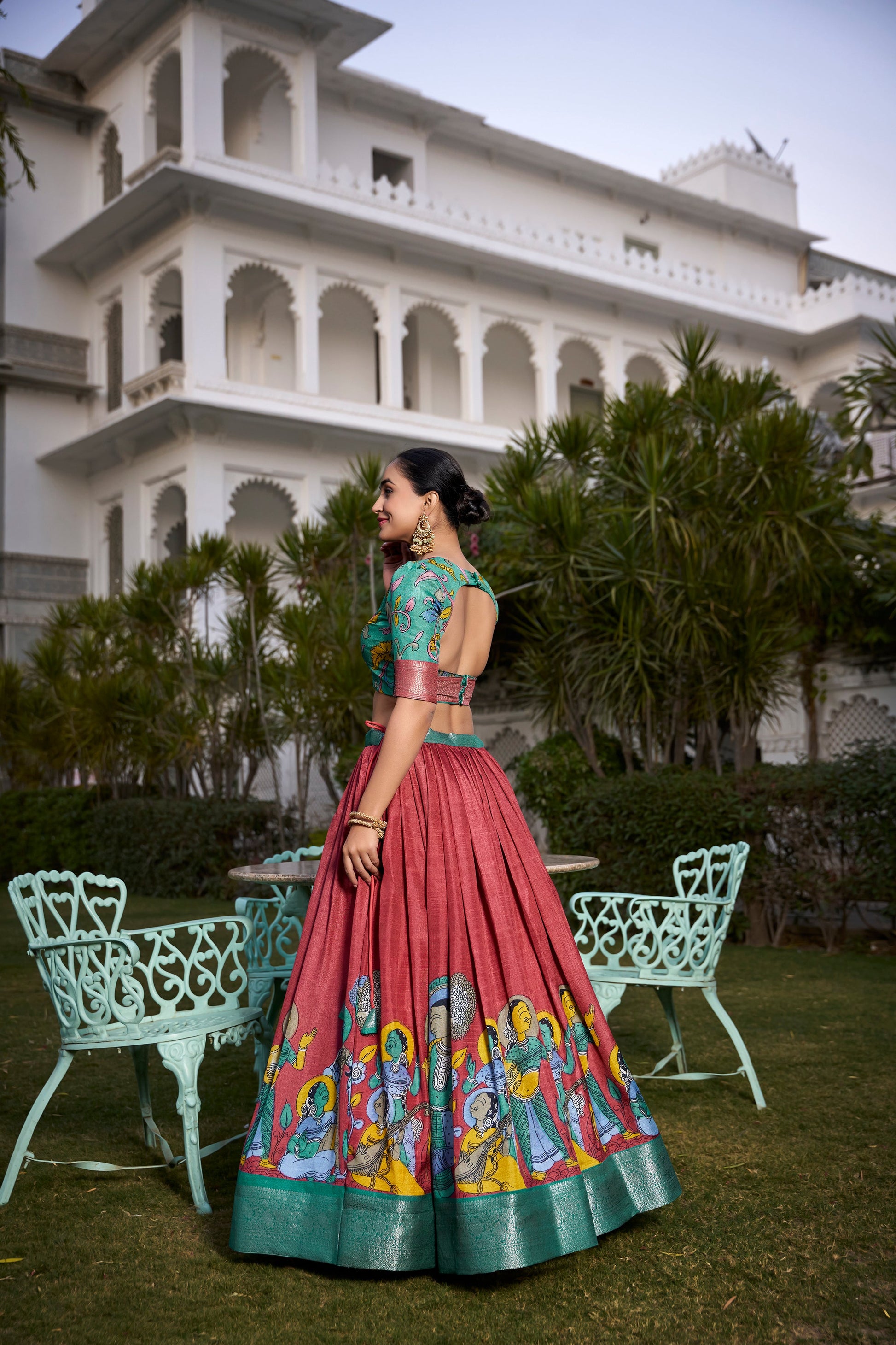 Lorenvalley Rust Dola Silk with Jacquard Printed (Kalamkari) with Zari Weaving Border Lehenga Choli | Swadesiicart