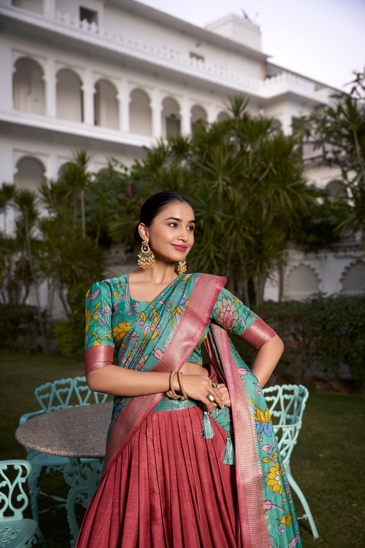 Lorenvalley Rust Dola Silk with Jacquard Printed (Kalamkari) with Zari Weaving Border Lehenga Choli | Swadesiicart
