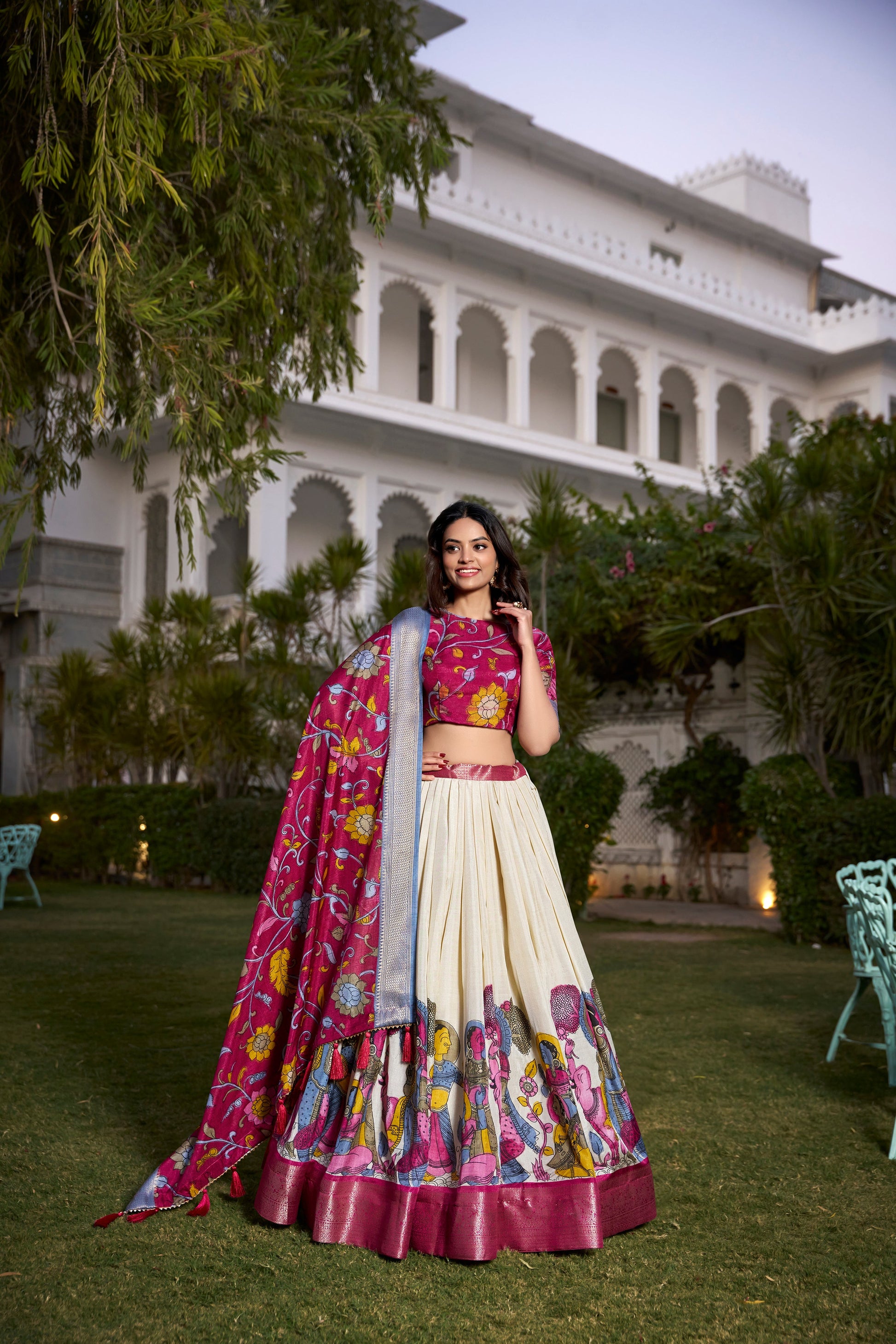 Lorenvalley White Dola Silk with Jacquard Printed (Kalamkari) with Zari Weaving Border Lehenga Choli | Swadesiicart
