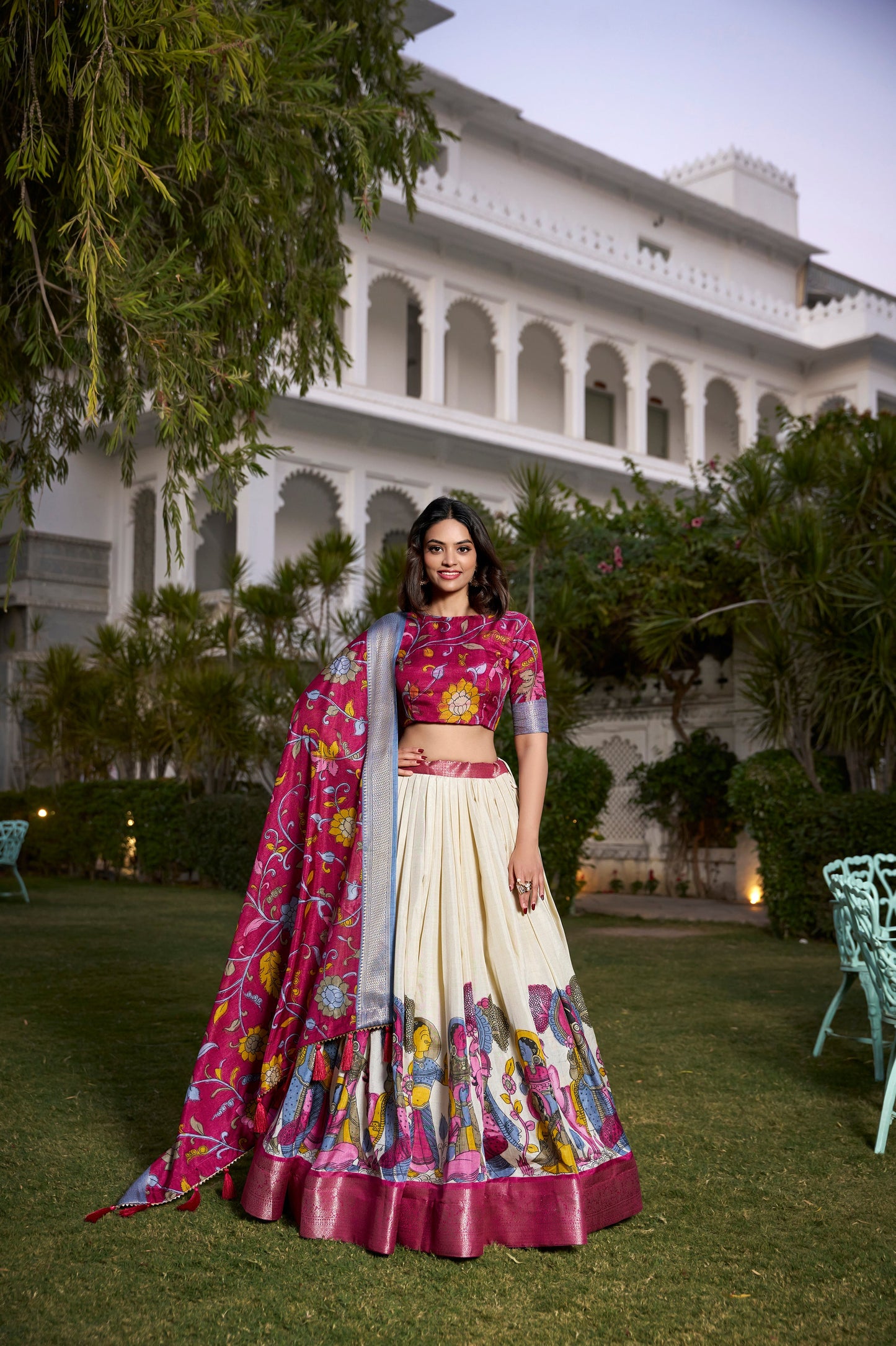 Lorenvalley White Dola Silk with Jacquard Printed (Kalamkari) with Zari Weaving Border Lehenga Choli | Swadesiicart