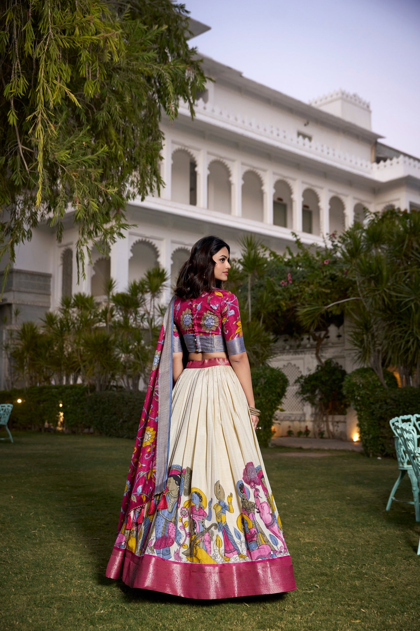 Lorenvalley White Dola Silk with Jacquard Printed (Kalamkari) with Zari Weaving Border Lehenga Choli | Swadesiicart