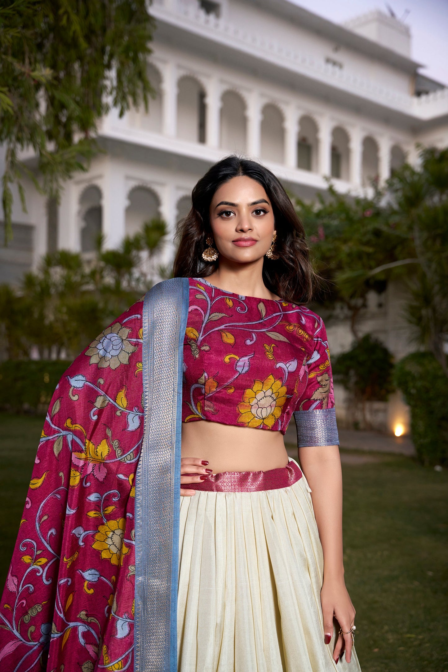Lorenvalley White Dola Silk with Jacquard Printed (Kalamkari) with Zari Weaving Border Lehenga Choli | Swadesiicart