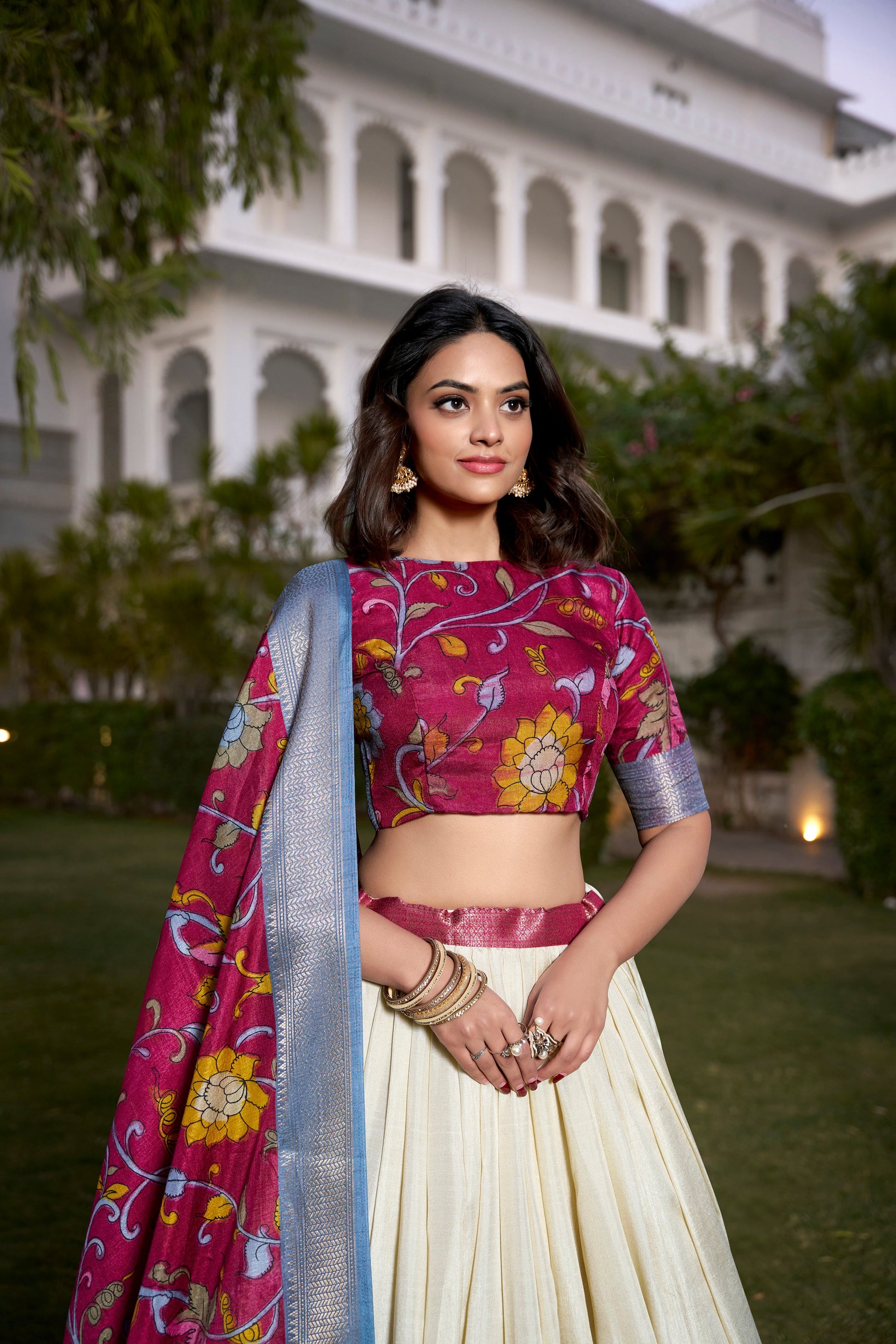 Lorenvalley White Dola Silk with Jacquard Printed (Kalamkari) with Zari Weaving Border Lehenga Choli | Swadesiicart
