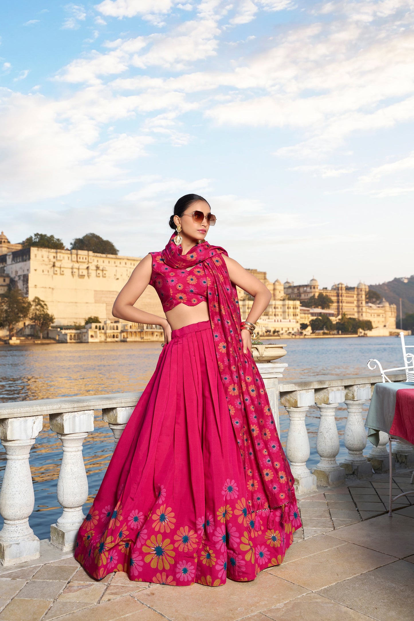Lorenvalley Pink Tussar Silk Floral Print With Foil Work Lehenga Choli | Swadesiicart