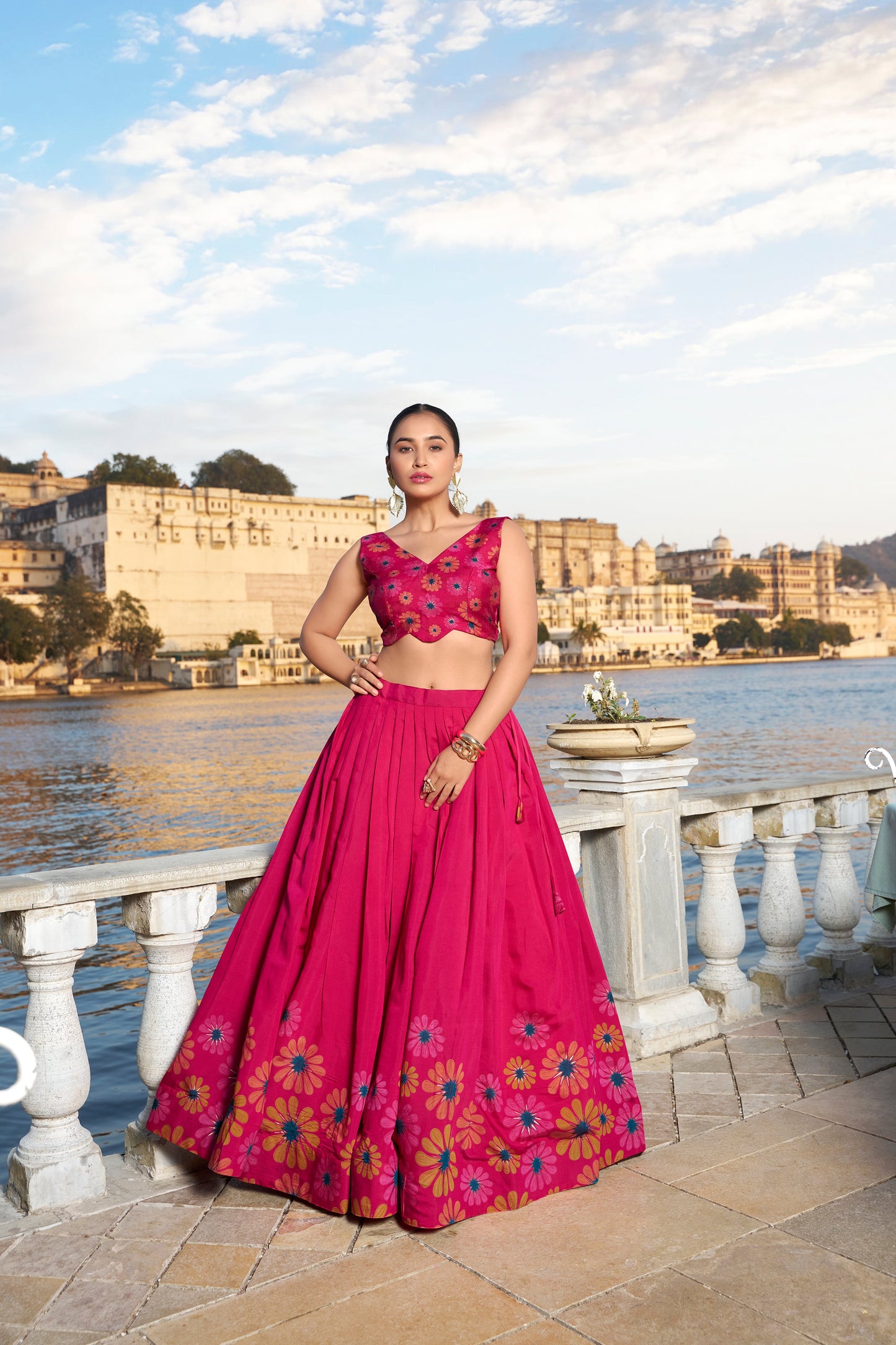 Lorenvalley Pink Tussar Silk Floral Print With Foil Work Lehenga Choli | Swadesiicart