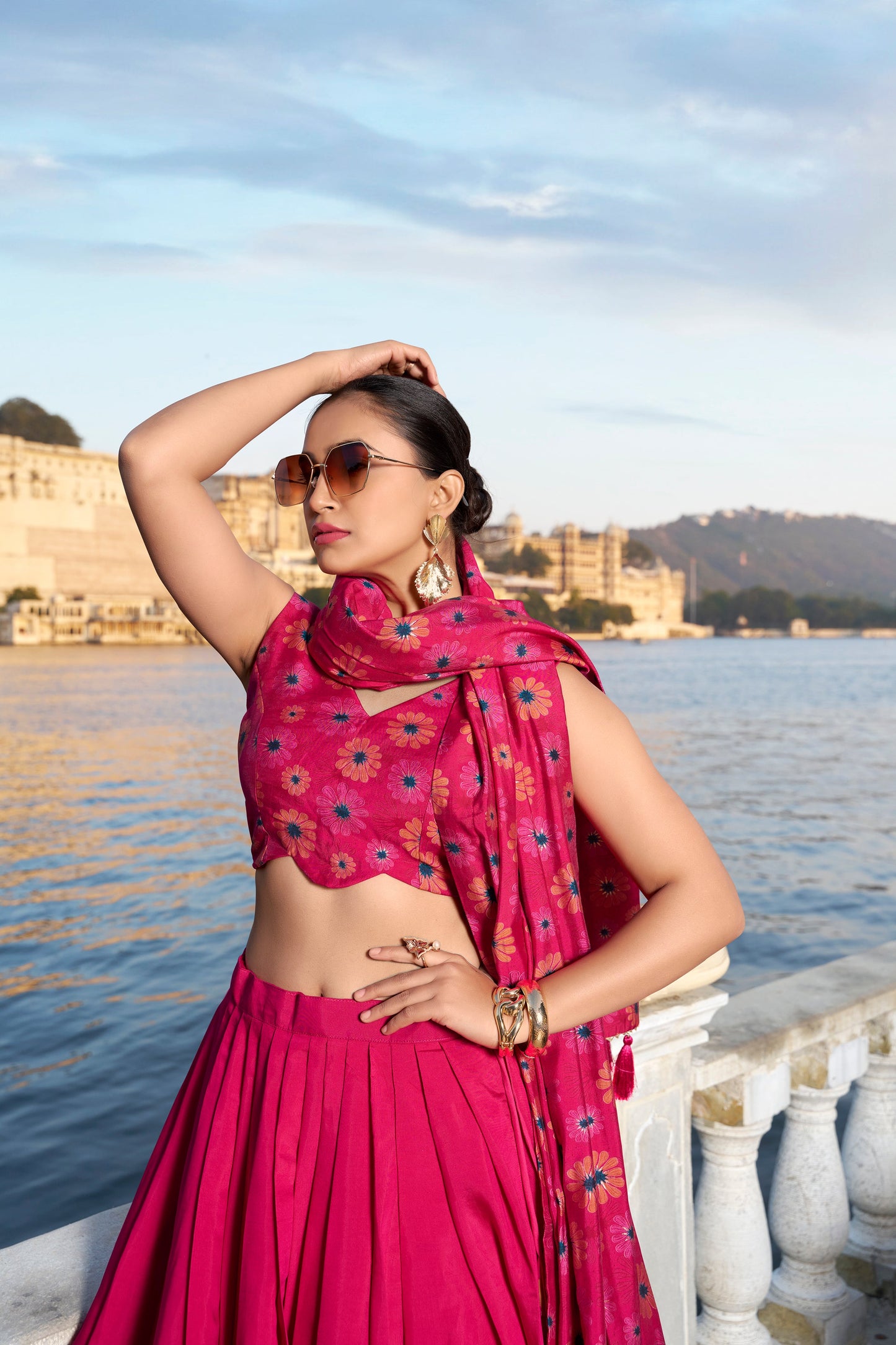 Lorenvalley Pink Tussar Silk Floral Print With Foil Work Lehenga Choli | Swadesiicart