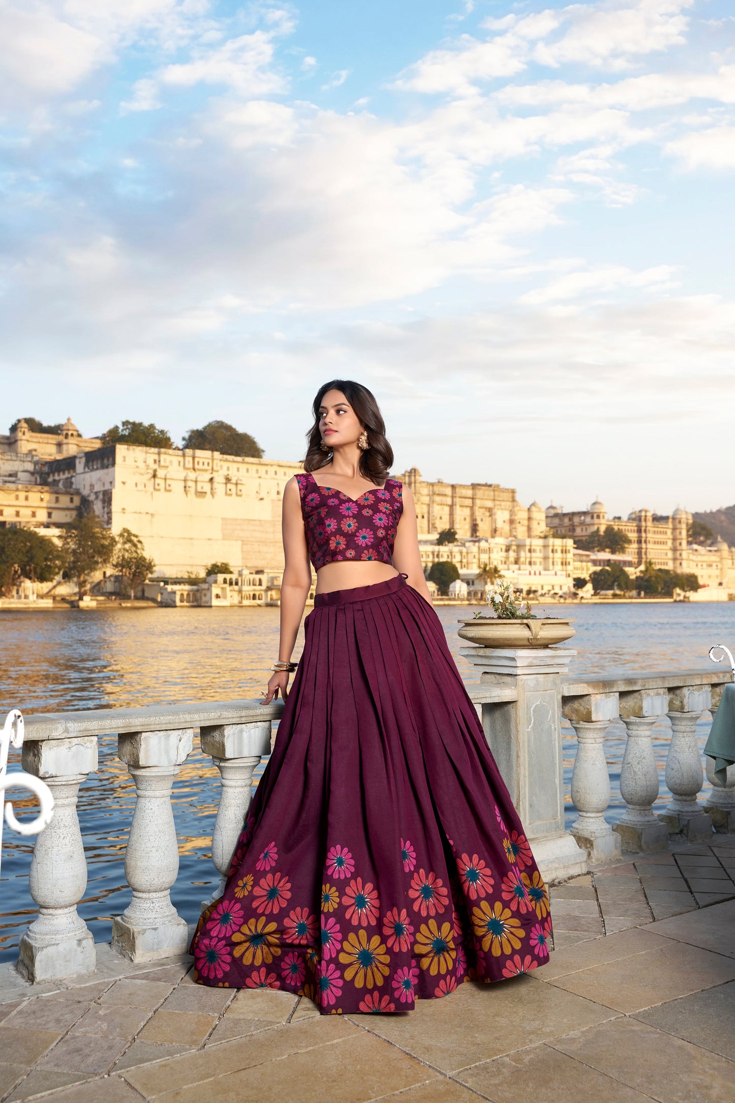 Lorenvalley Wine Tussar Silk Floral Print With Foil Work Lehenga Choli | Swadesiicart