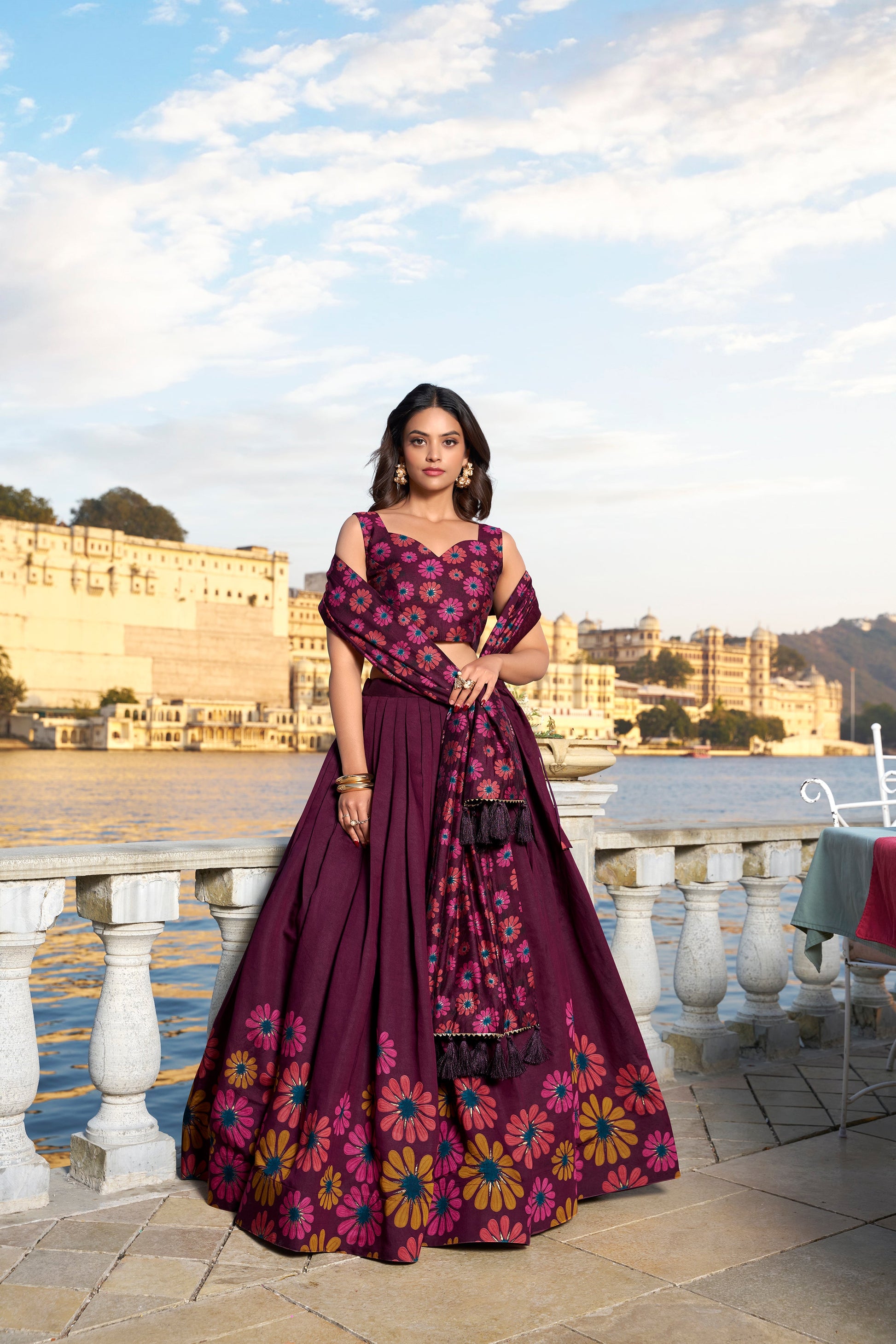 Lorenvalley Wine Tussar Silk Floral Print With Foil Work Lehenga Choli | Swadesiicart