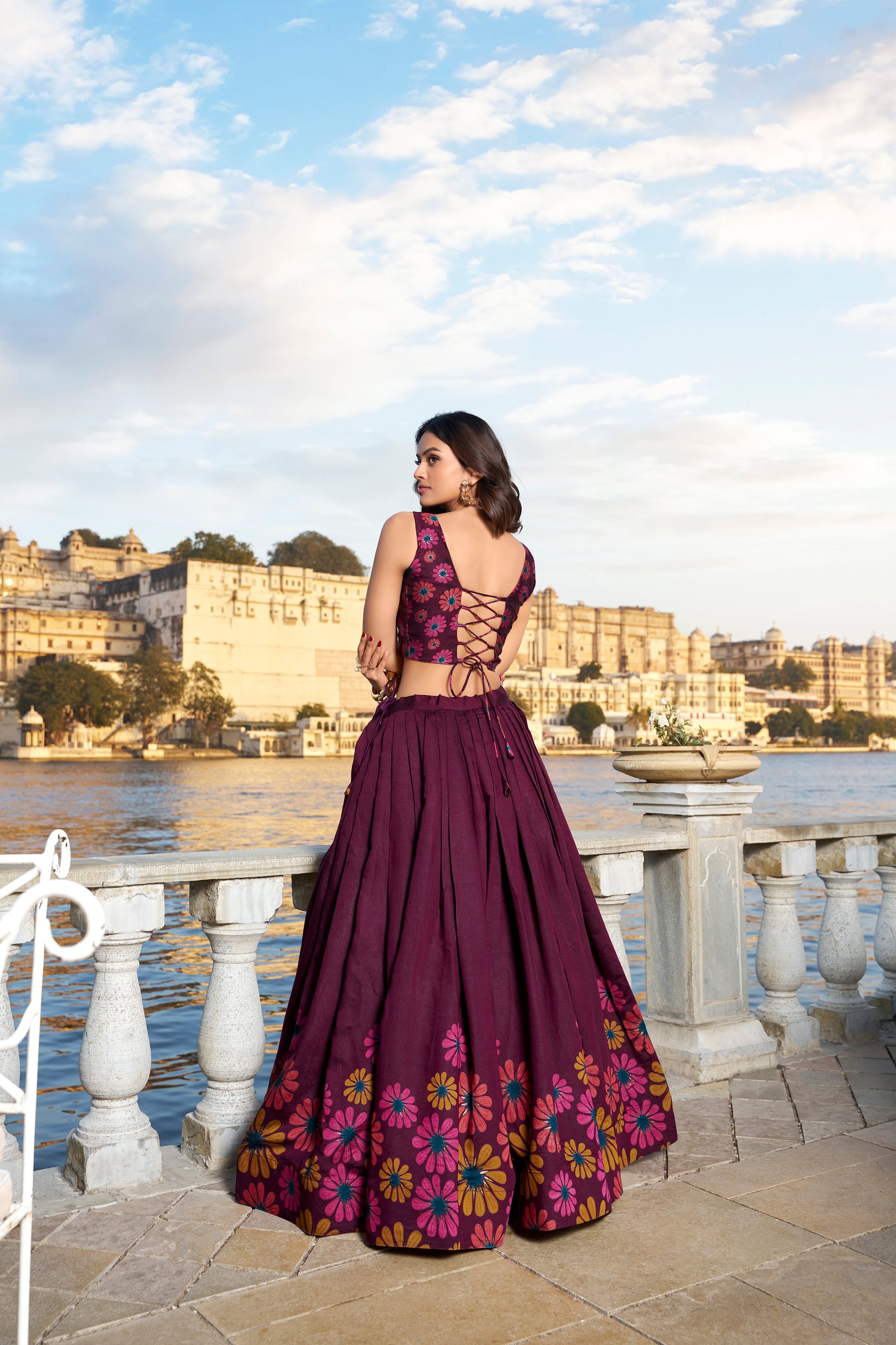 Lorenvalley Wine Tussar Silk Floral Print With Foil Work Lehenga Choli | Swadesiicart