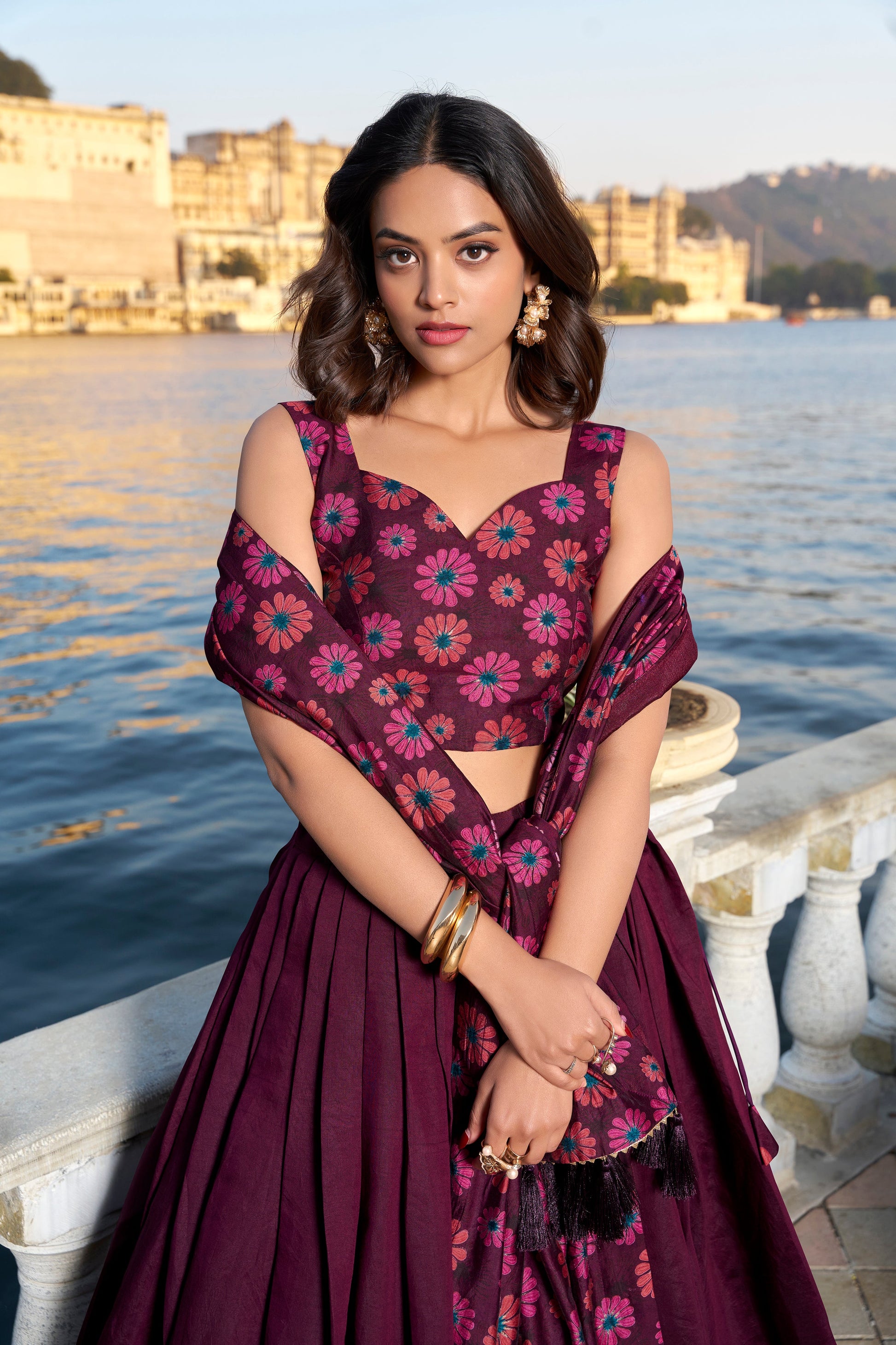 Lorenvalley Wine Tussar Silk Floral Print With Foil Work Lehenga Choli | Swadesiicart