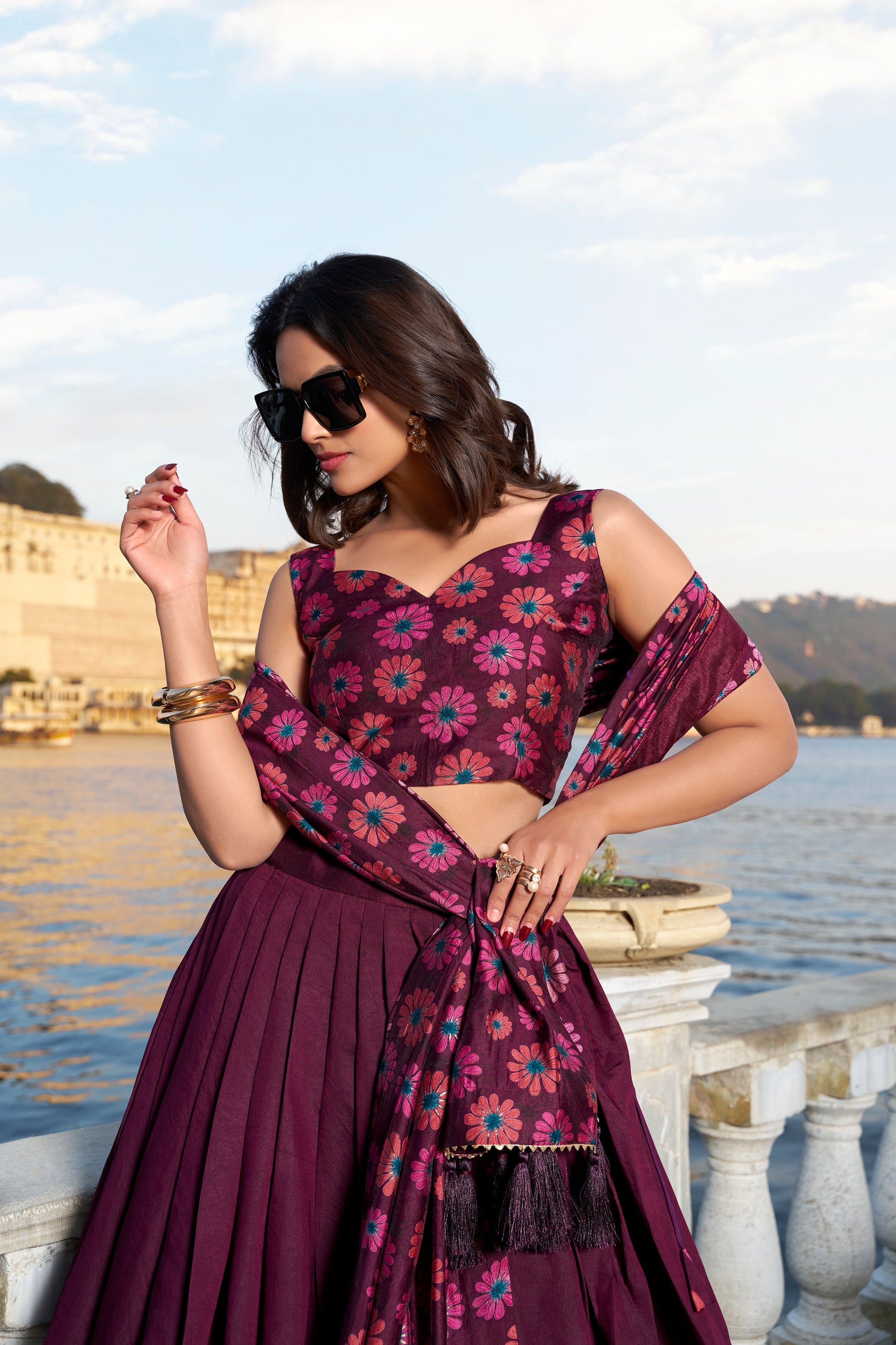 Lorenvalley Wine Tussar Silk Floral Print With Foil Work Lehenga Choli | Swadesiicart