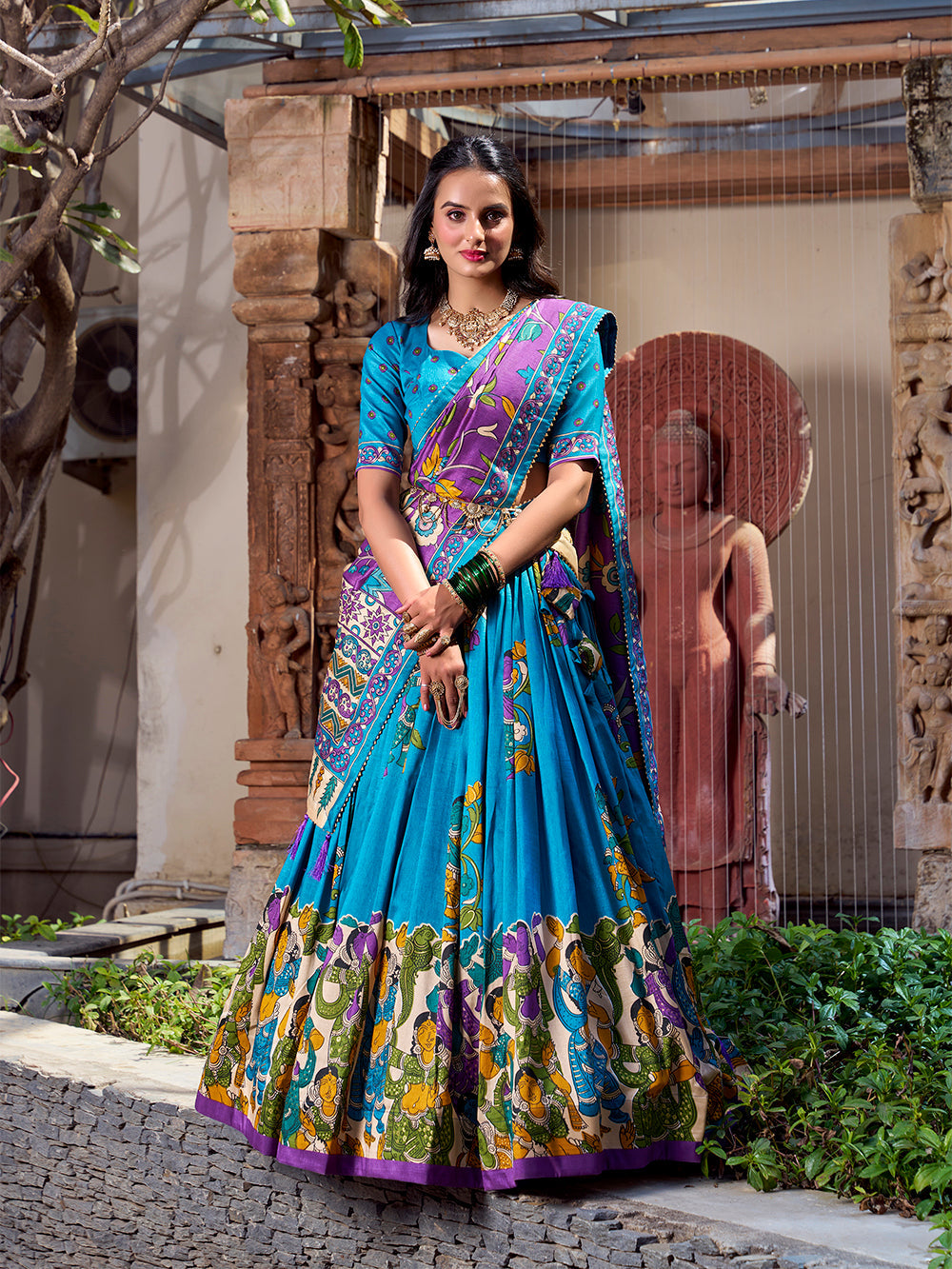 Lorenvalley Firozi Tussar Silk Kalamkari With Foil Work Lehenga Choli | Swadesiicart