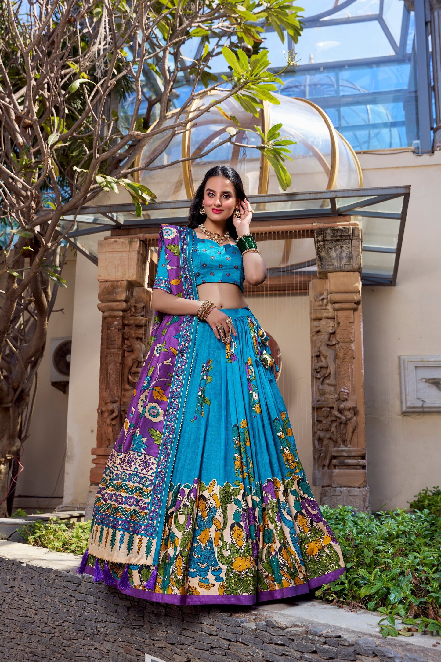 Lorenvalley Firozi Tussar Silk Kalamkari With Foil Work Lehenga Choli | Swadesiicart