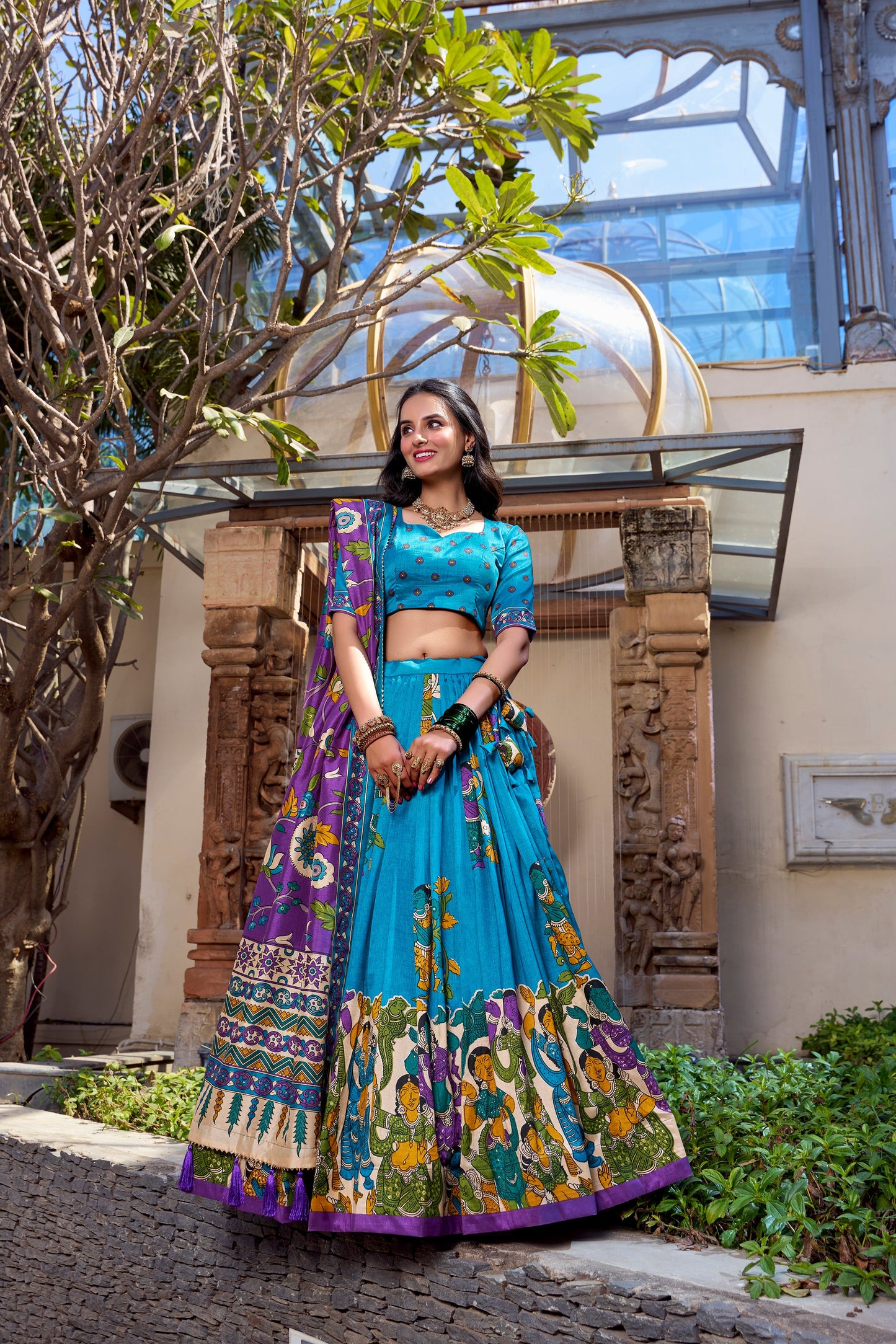 Lorenvalley Firozi Tussar Silk Kalamkari With Foil Work Lehenga Choli | Swadesiicart