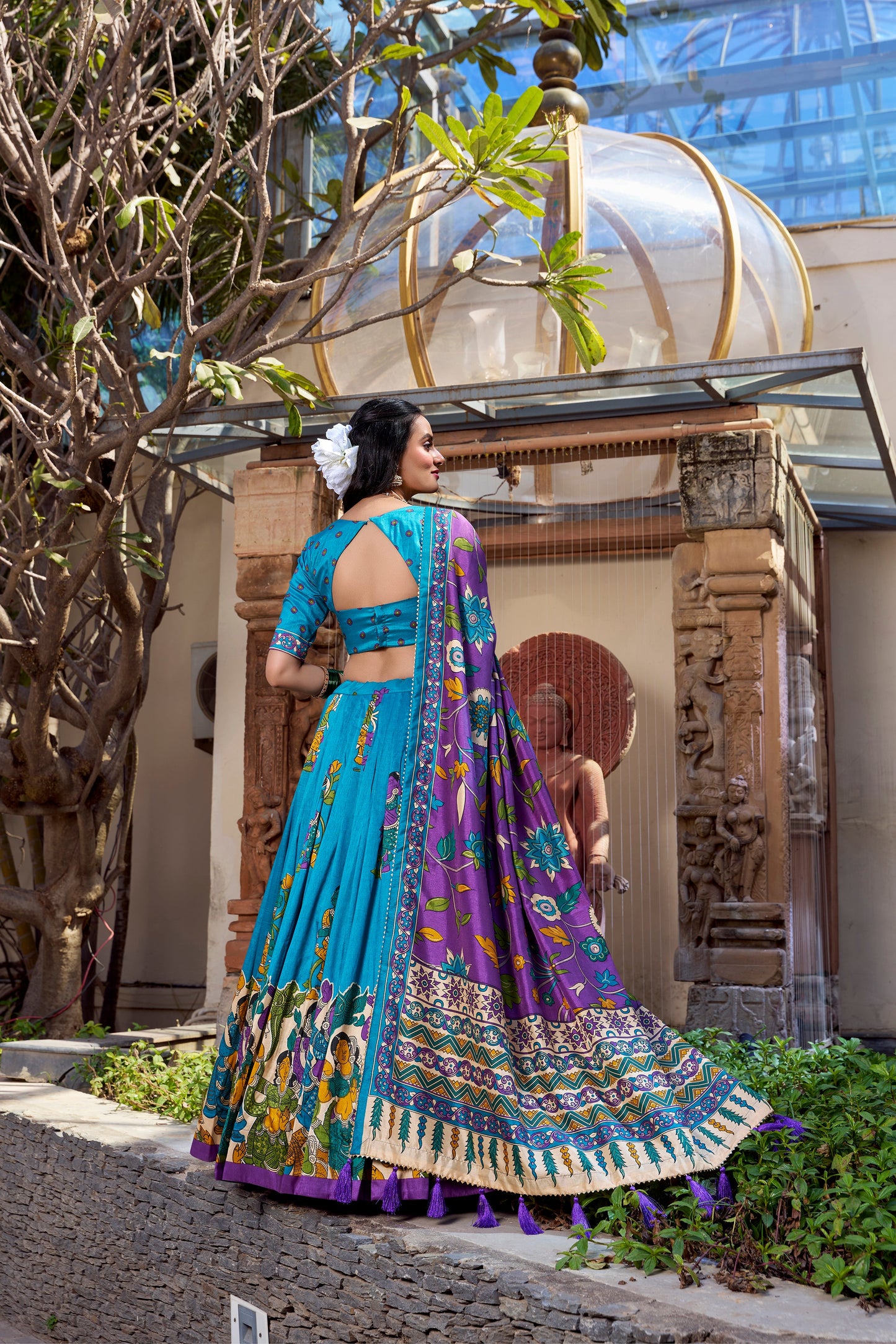 Lorenvalley Firozi Tussar Silk Kalamkari With Foil Work Lehenga Choli | Swadesiicart