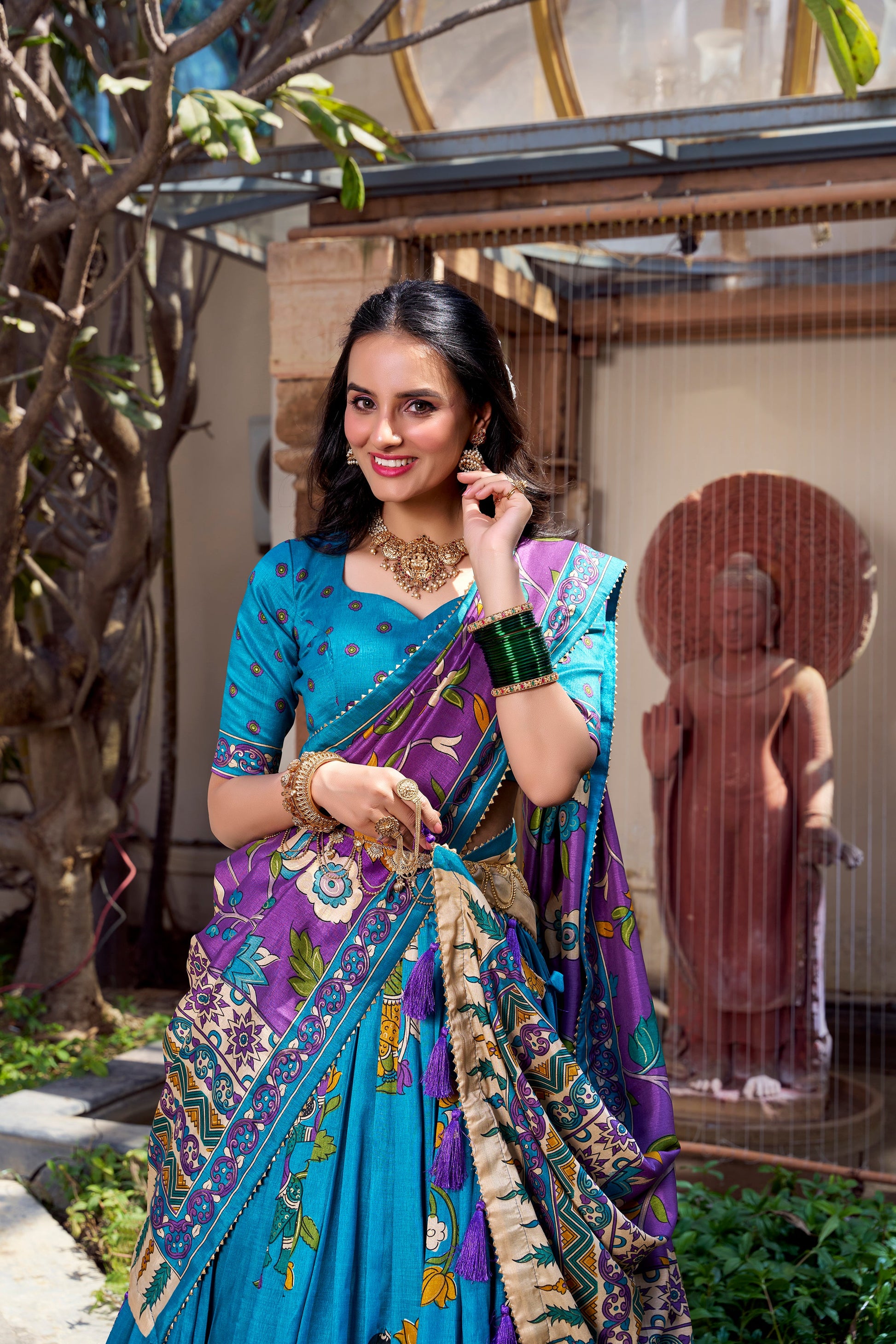 Lorenvalley Firozi Tussar Silk Kalamkari With Foil Work Lehenga Choli | Swadesiicart