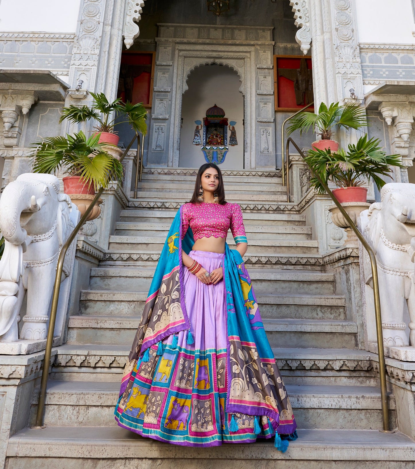 Lorenvalley Lavender Tussar Silk Kalamkari With Foil Work Lehenga Choli with Dupatta | Swadesiicart