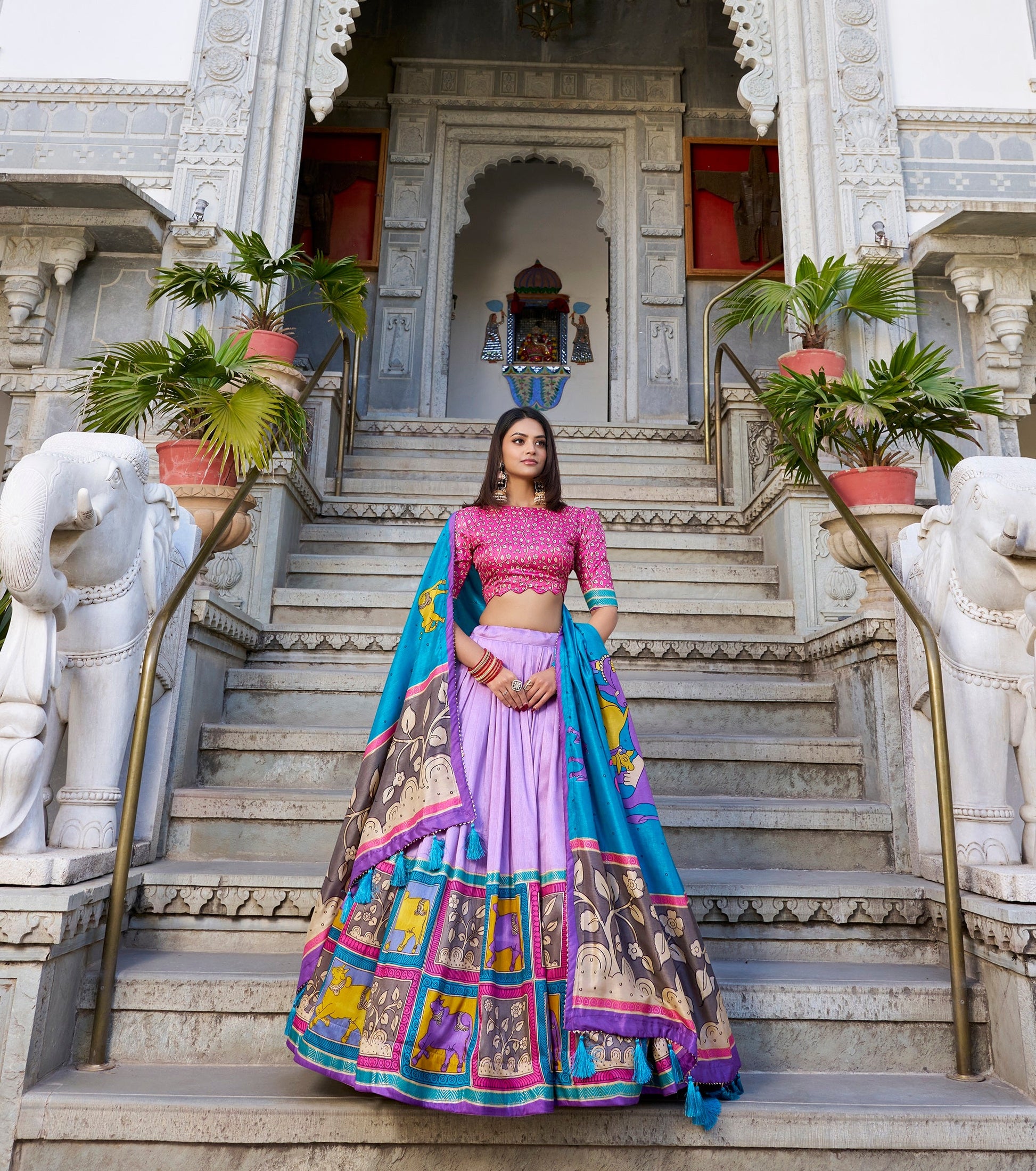 Lorenvalley Lavender Tussar Silk Kalamkari With Foil Work Lehenga Choli with Dupatta | Swadesiicart
