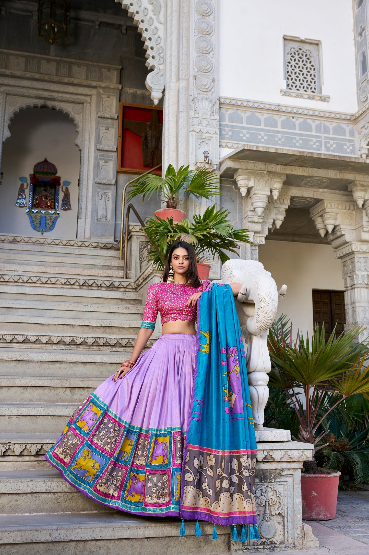Lorenvalley Lavender Tussar Silk Kalamkari With Foil Work Lehenga Choli with Dupatta | Swadesiicart