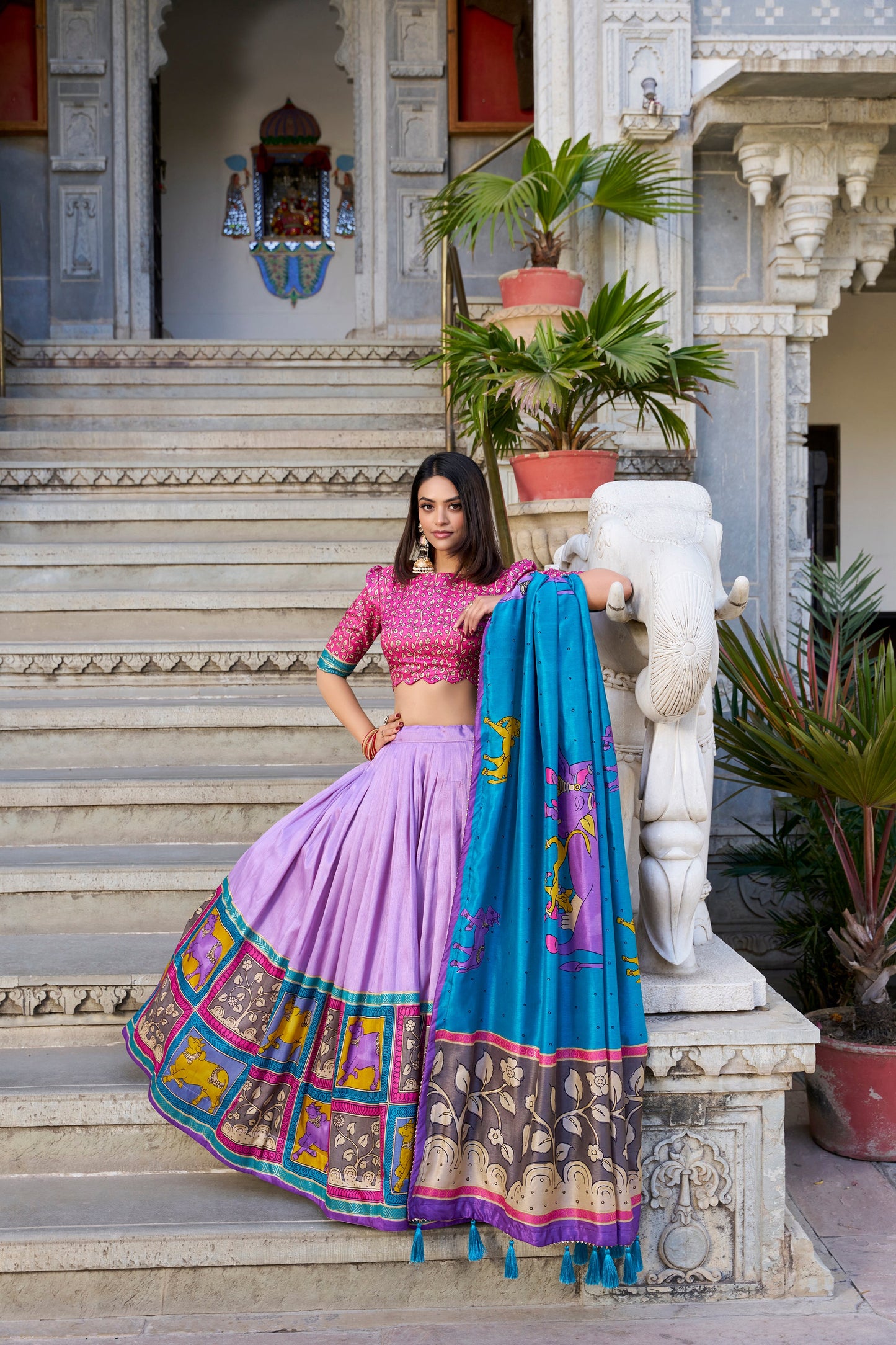 Lorenvalley Lavender Tussar Silk Kalamkari With Foil Work Lehenga Choli with Dupatta | Swadesiicart