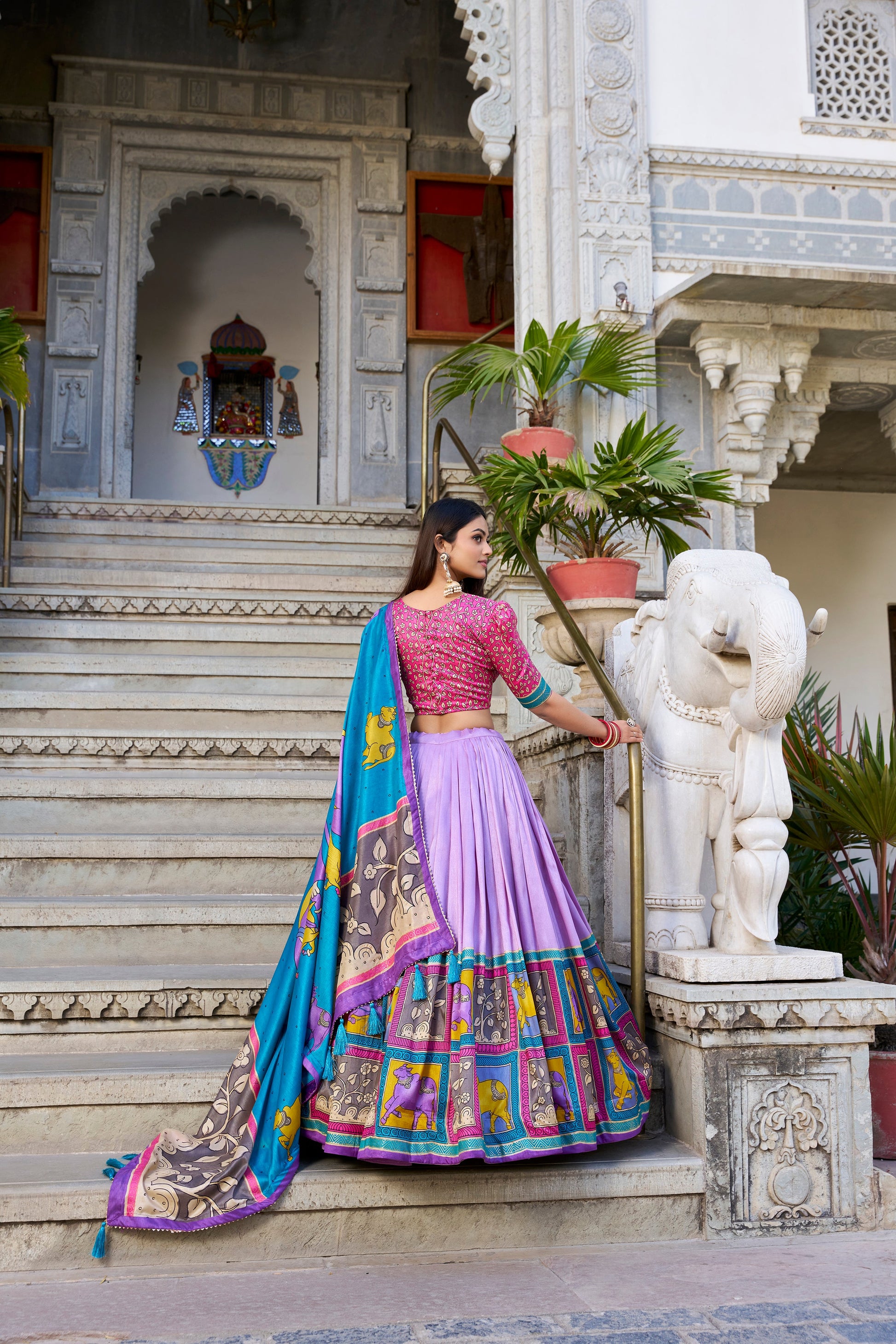 Lorenvalley Lavender Tussar Silk Kalamkari With Foil Work Lehenga Choli with Dupatta | Swadesiicart