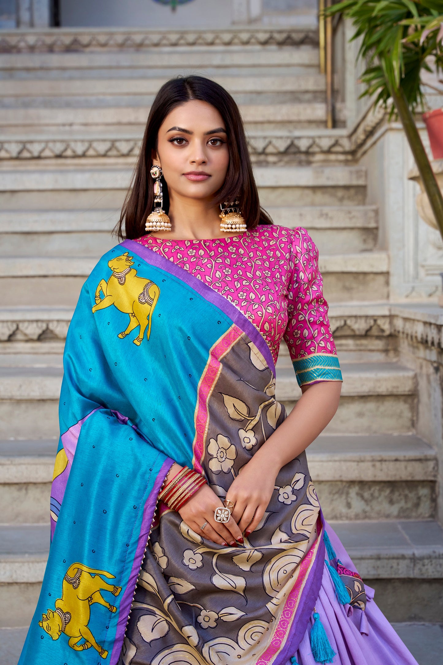 Lorenvalley Lavender Tussar Silk Kalamkari With Foil Work Lehenga Choli with Dupatta | Swadesiicart