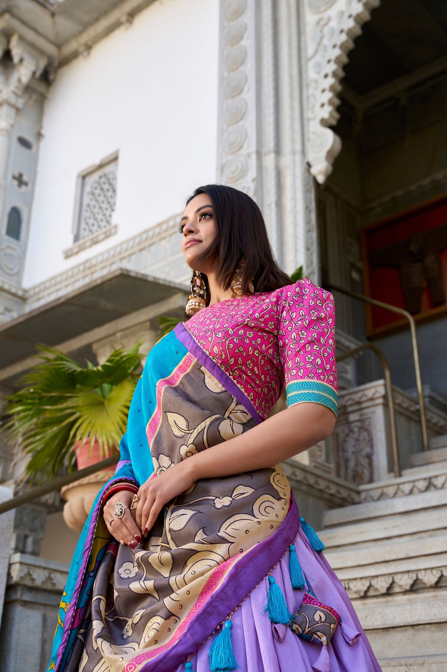 Lorenvalley Lavender Tussar Silk Kalamkari With Foil Work Lehenga Choli with Dupatta | Swadesiicart