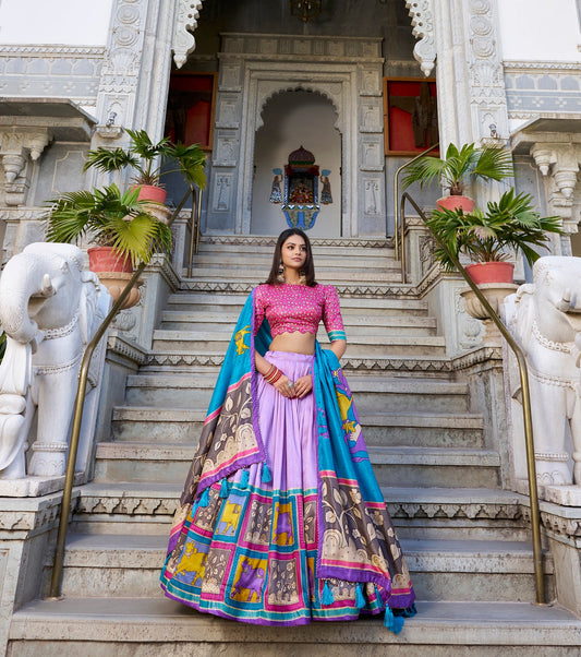 Lorenvalley Lavender Tussar Silk Kalamkari With Foil Work Lehenga Choli with Dupatta | Swadesiicart