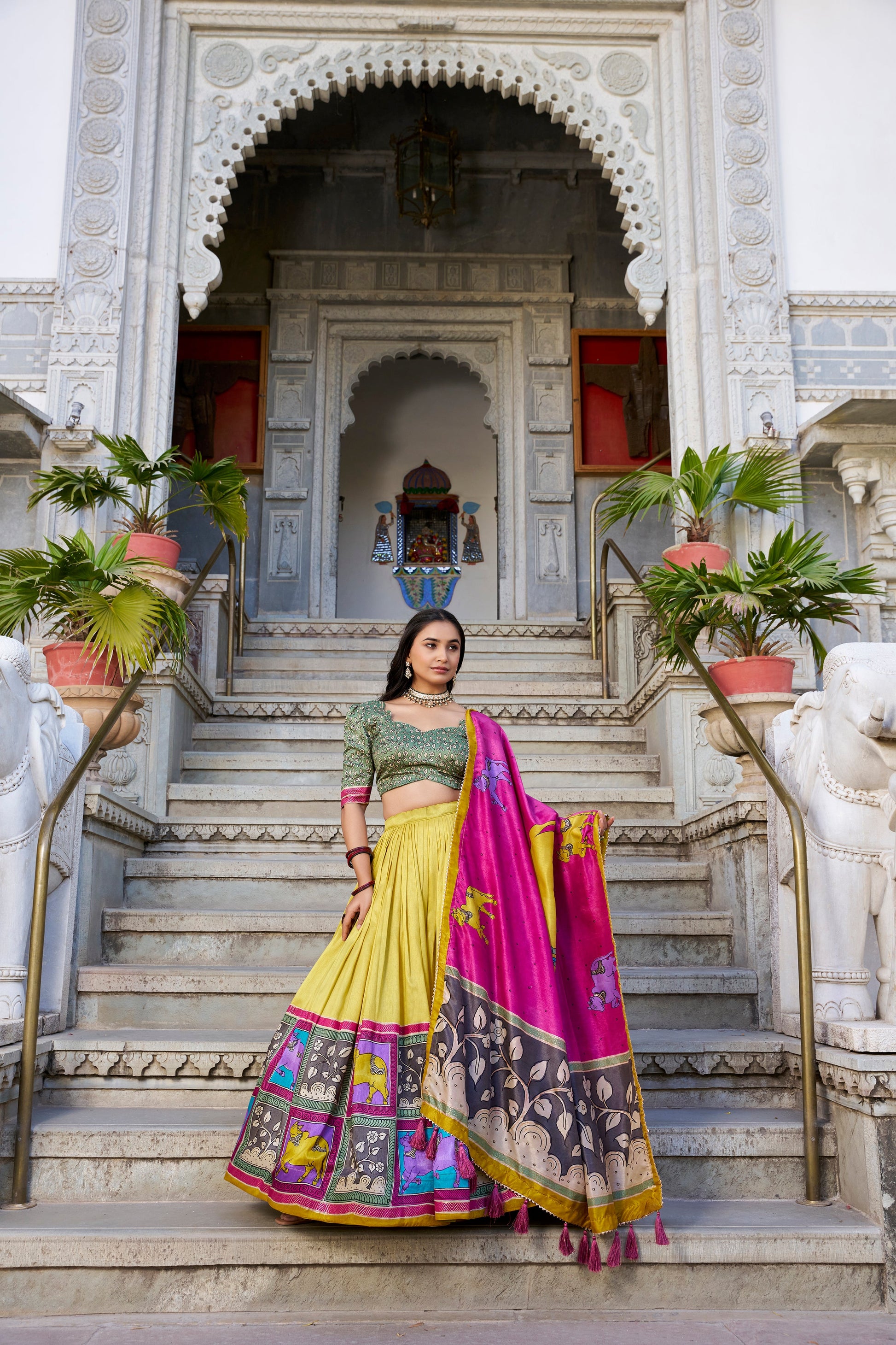 Lorenvalley Mustard Tussar Silk Kalamkari With Foil Work Lehenga Choli with Dupatta | Swadesiicart