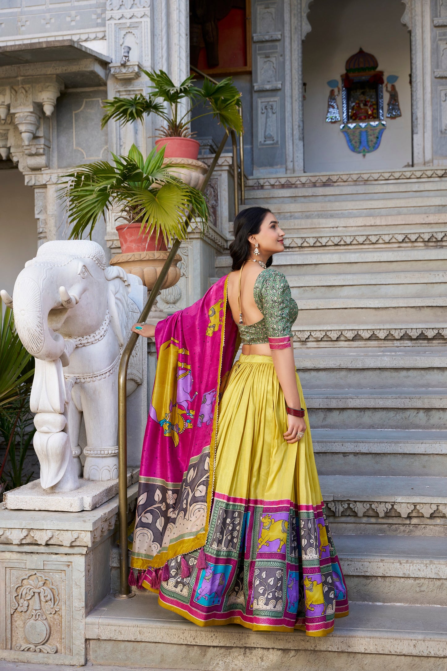 Lorenvalley Mustard Tussar Silk Kalamkari With Foil Work Lehenga Choli with Dupatta | Swadesiicart