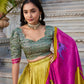 Lorenvalley Mustard Tussar Silk Kalamkari With Foil Work Lehenga Choli with Dupatta | Swadesiicart