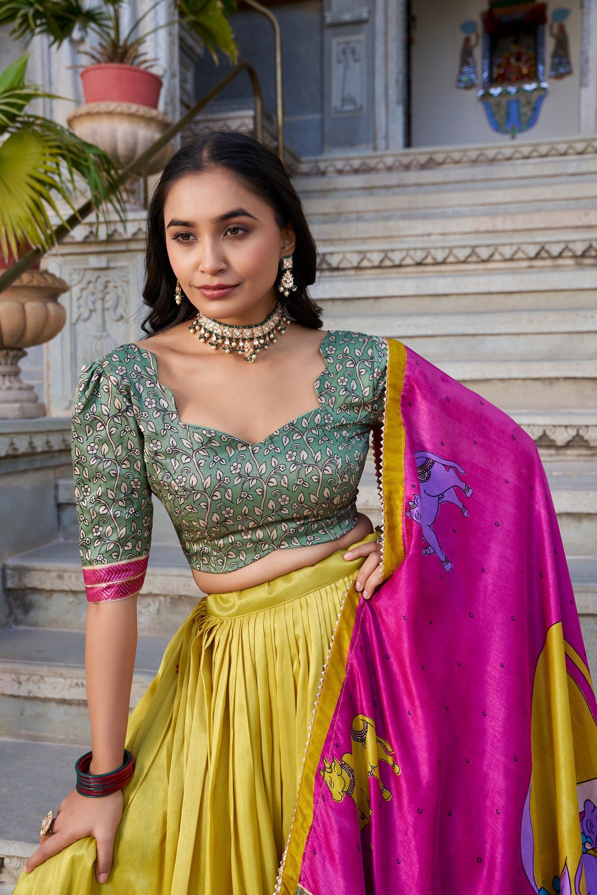 Lorenvalley Mustard Tussar Silk Kalamkari With Foil Work Lehenga Choli with Dupatta | Swadesiicart
