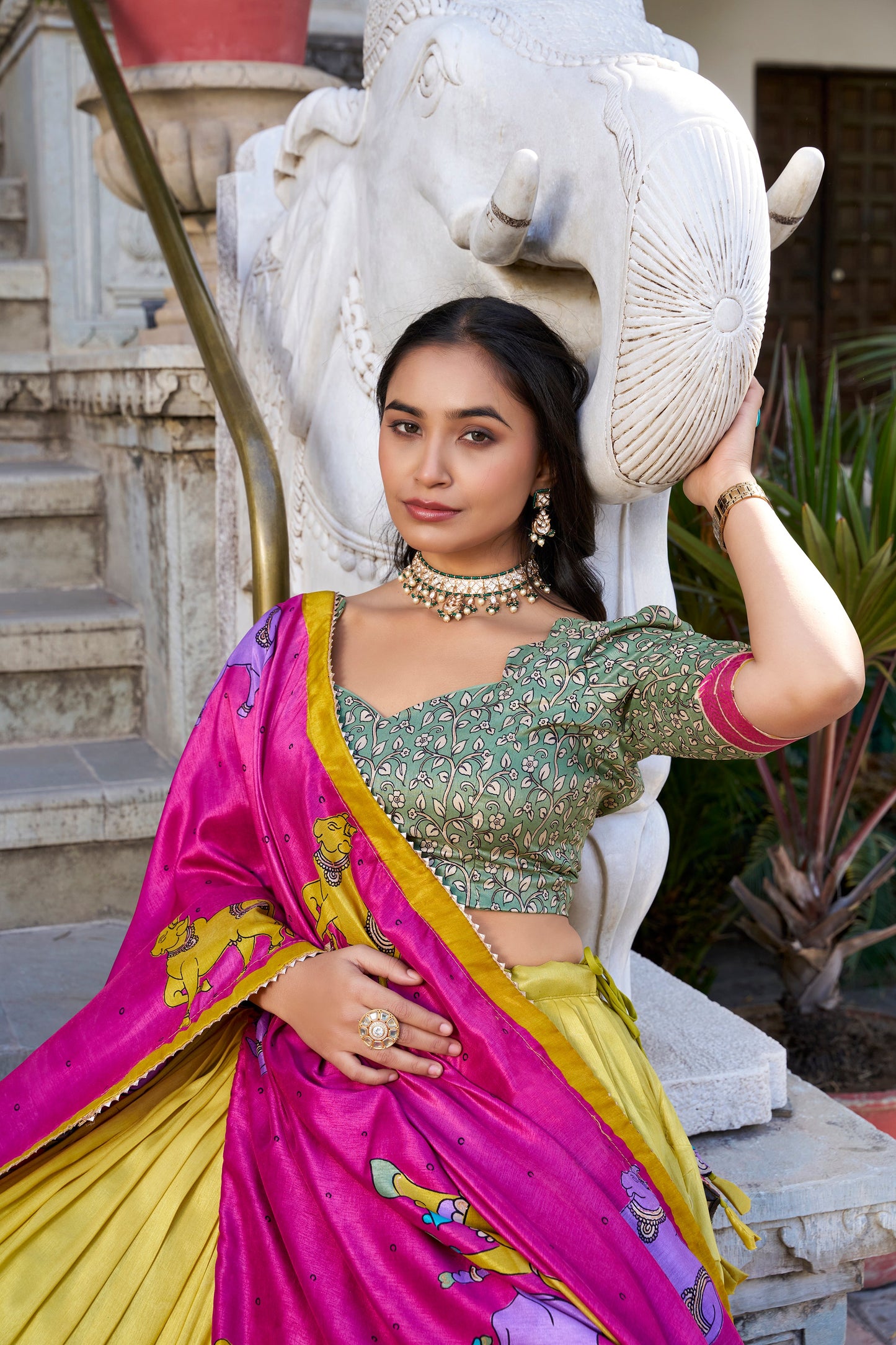 Lorenvalley Mustard Tussar Silk Kalamkari With Foil Work Lehenga Choli with Dupatta | Swadesiicart