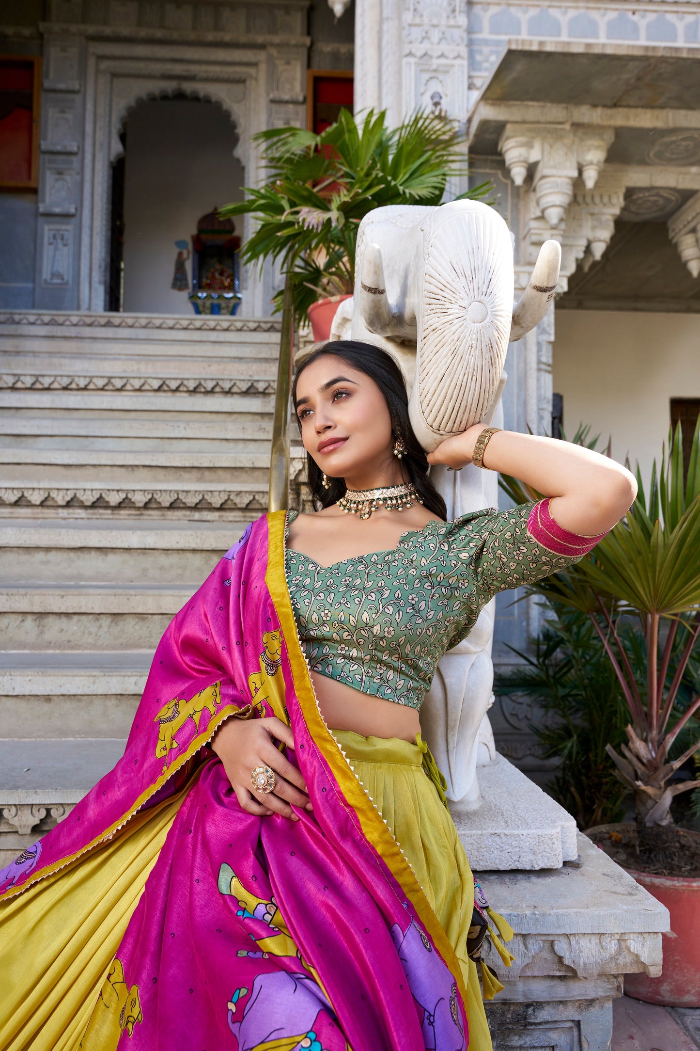Lorenvalley Mustard Tussar Silk Kalamkari With Foil Work Lehenga Choli with Dupatta | Swadesiicart