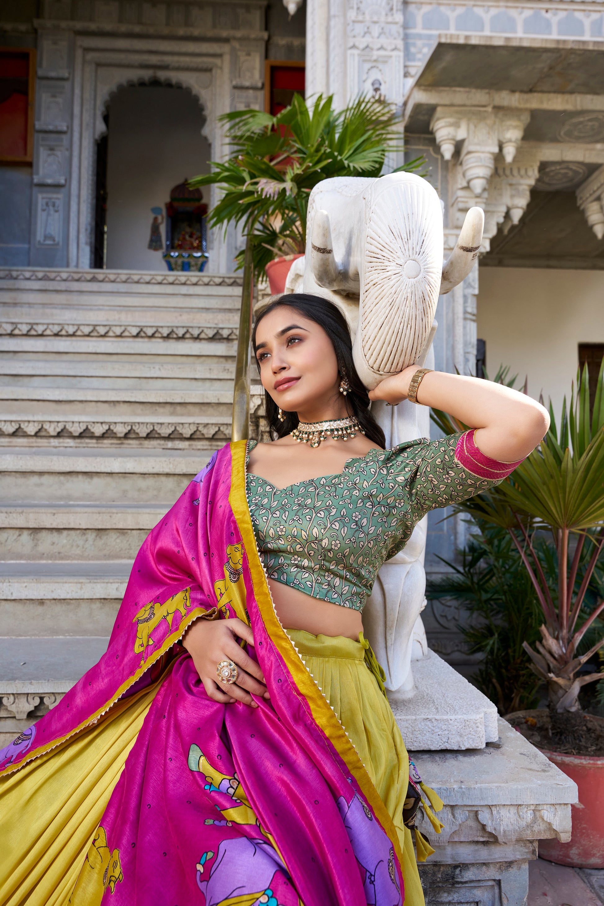 Lorenvalley Mustard Tussar Silk Kalamkari With Foil Work Lehenga Choli with Dupatta | Swadesiicart