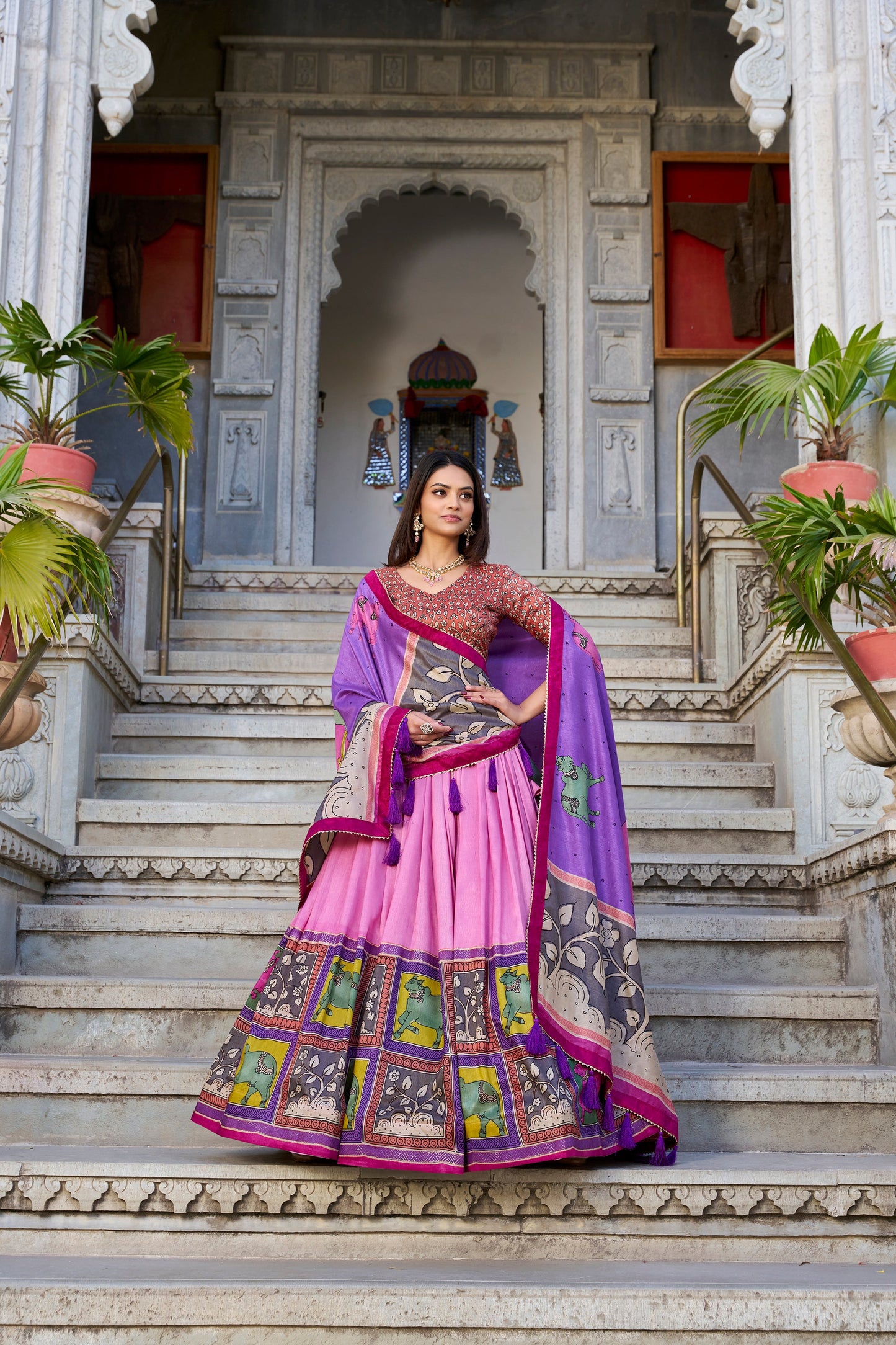 Lorenvalley Peach Tussar Silk Kalamkari With Foil Work Lehenga Choli with Dupatta | Swadesiicart