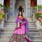 Lorenvalley Peach Tussar Silk Kalamkari With Foil Work Lehenga Choli with Dupatta | Swadesiicart