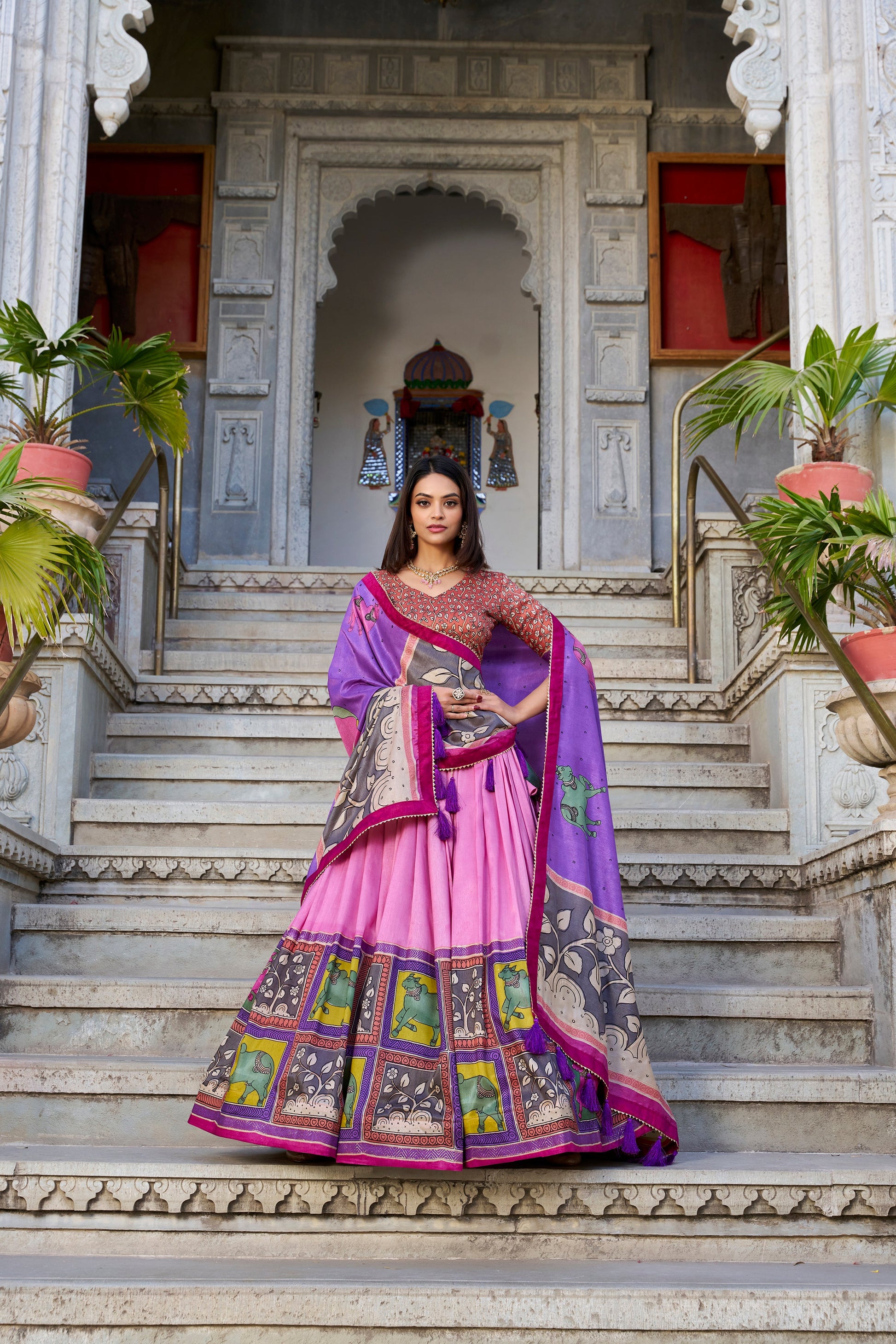 Lorenvalley Peach Tussar Silk Kalamkari With Foil Work Lehenga Choli with Dupatta | Swadesiicart