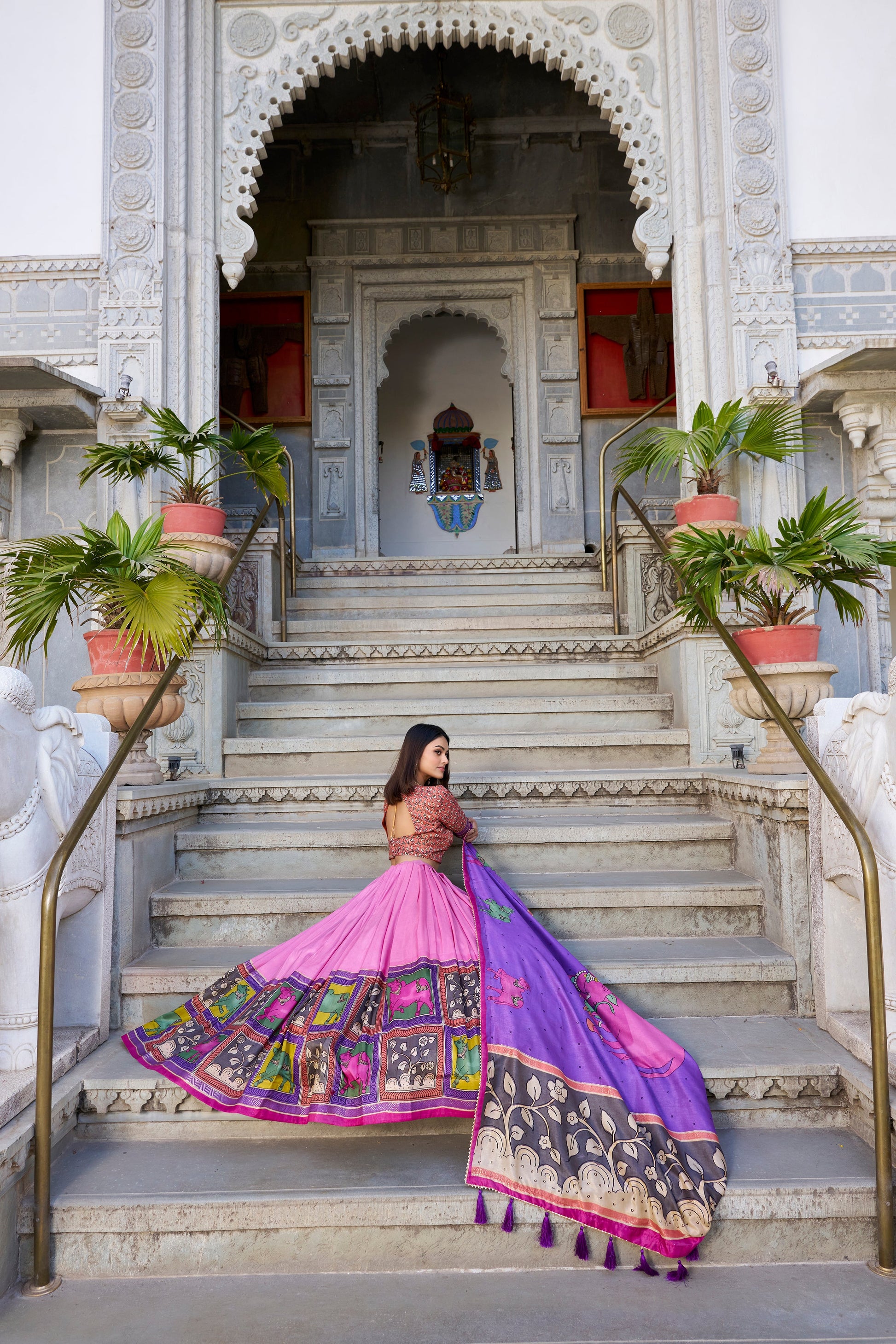 Lorenvalley Peach Tussar Silk Kalamkari With Foil Work Lehenga Choli with Dupatta | Swadesiicart